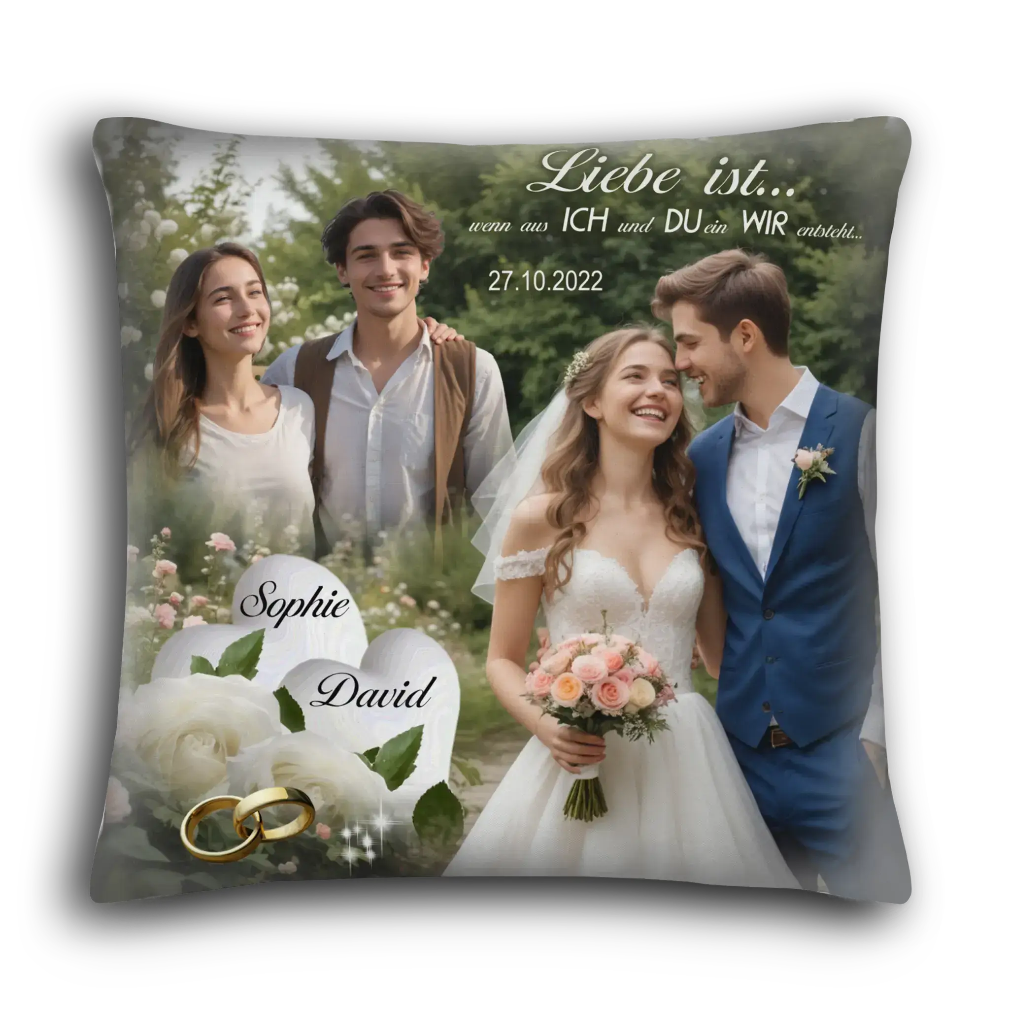 Romantisch bedrucktes Fotokissen, Hochzeitsgeschenk, zwei Fotos des Paares, goldene Ringe, Spruch, Datum, Namen