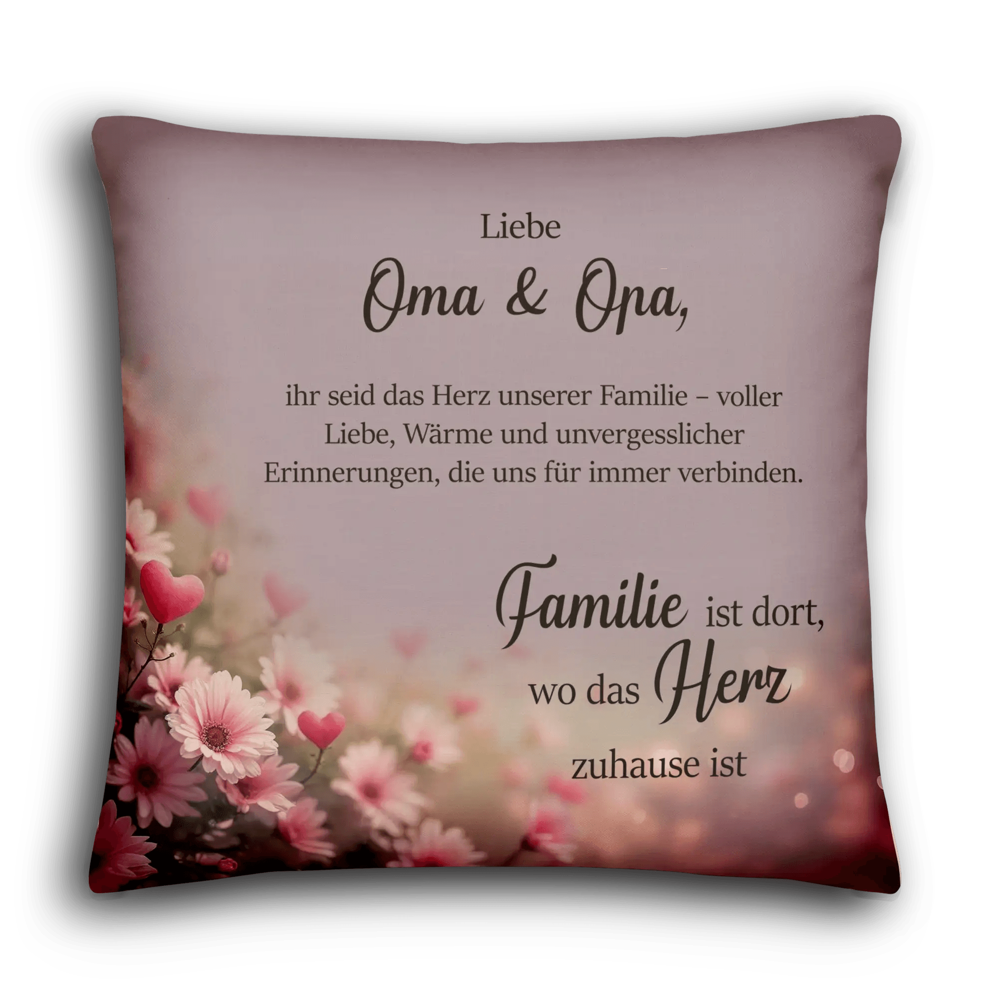 Rückseite mit Spruch und Widmung. Traumhaft schönes Kissen mit Fotos und Text bedruckt: Zwei Mädchen auf einer Bank, umringt von blühenden Blumen.