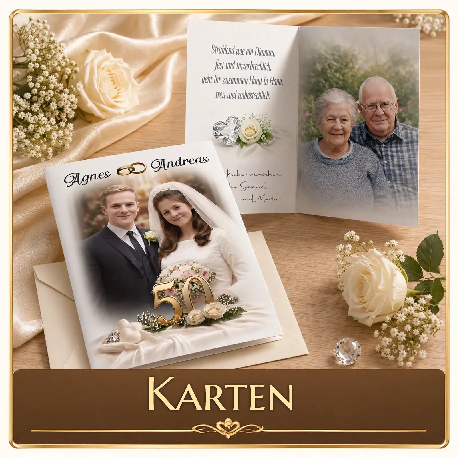Persönliche Goldhochzeit-Karte mit Foto von Agnes & Andreas, 50 Jahre, Blumen & Diamant-Dekor