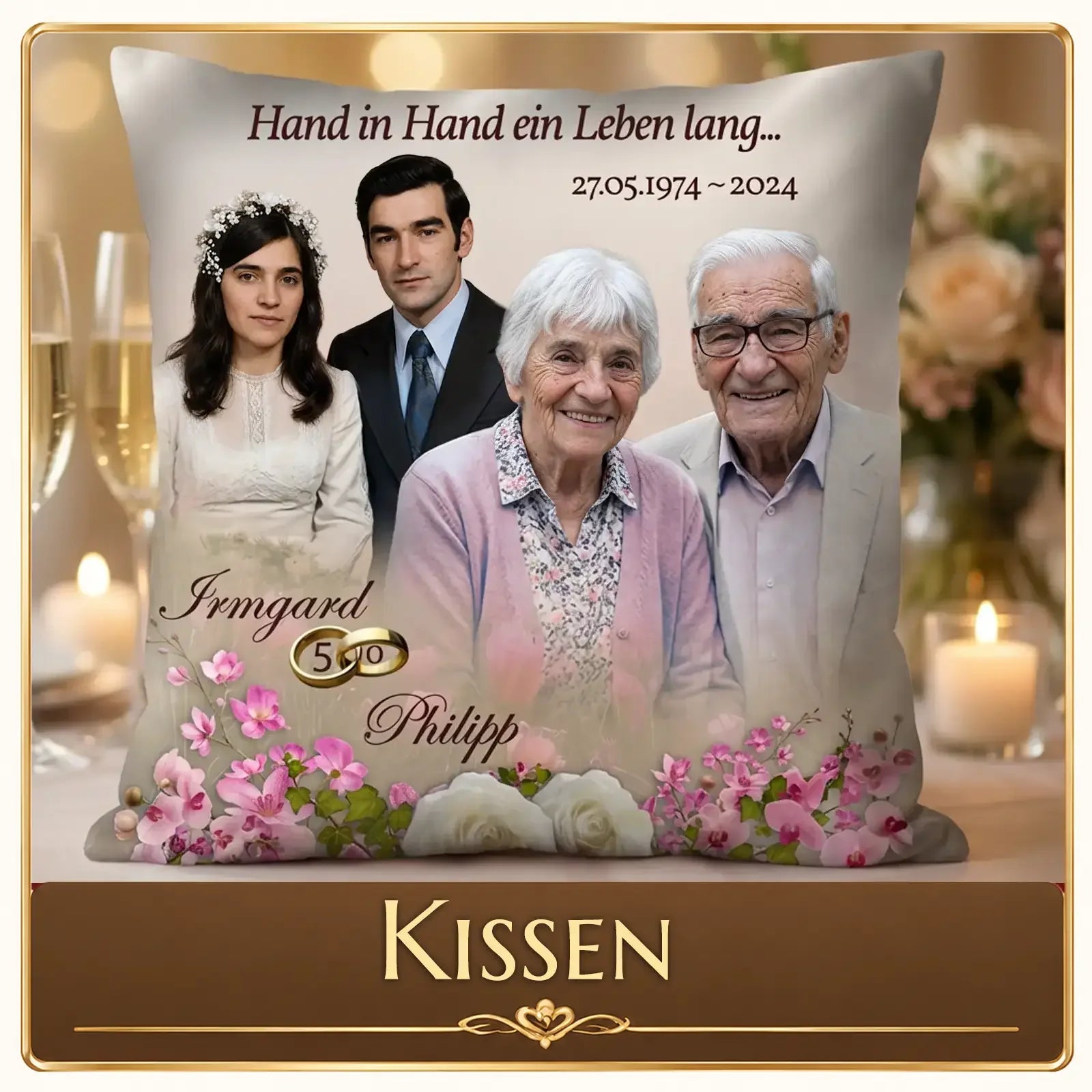 Personalisiertes Kissen mit Hochzeitsfoto und Namen zum 50. Hochzeitstag, Blumen und Zitat 'Hand in Hand ein Leben lang'