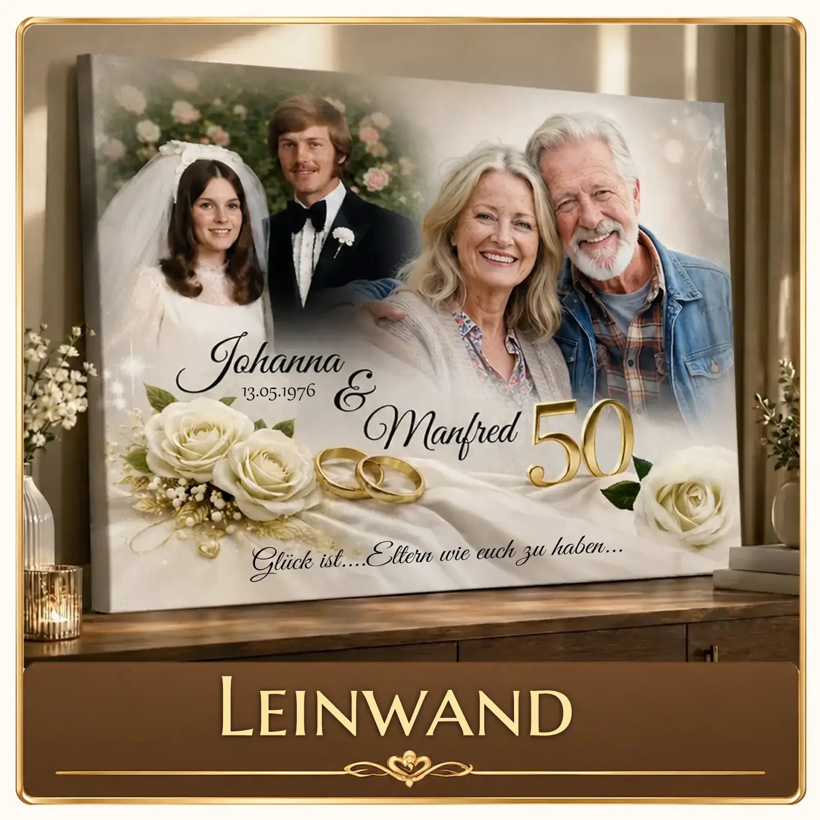 Leinwand mit Hochzeitsfoto und 50-Jahre-Goldhochzeit-Motiv für Eltern, personalisiert mit Namen und Datum