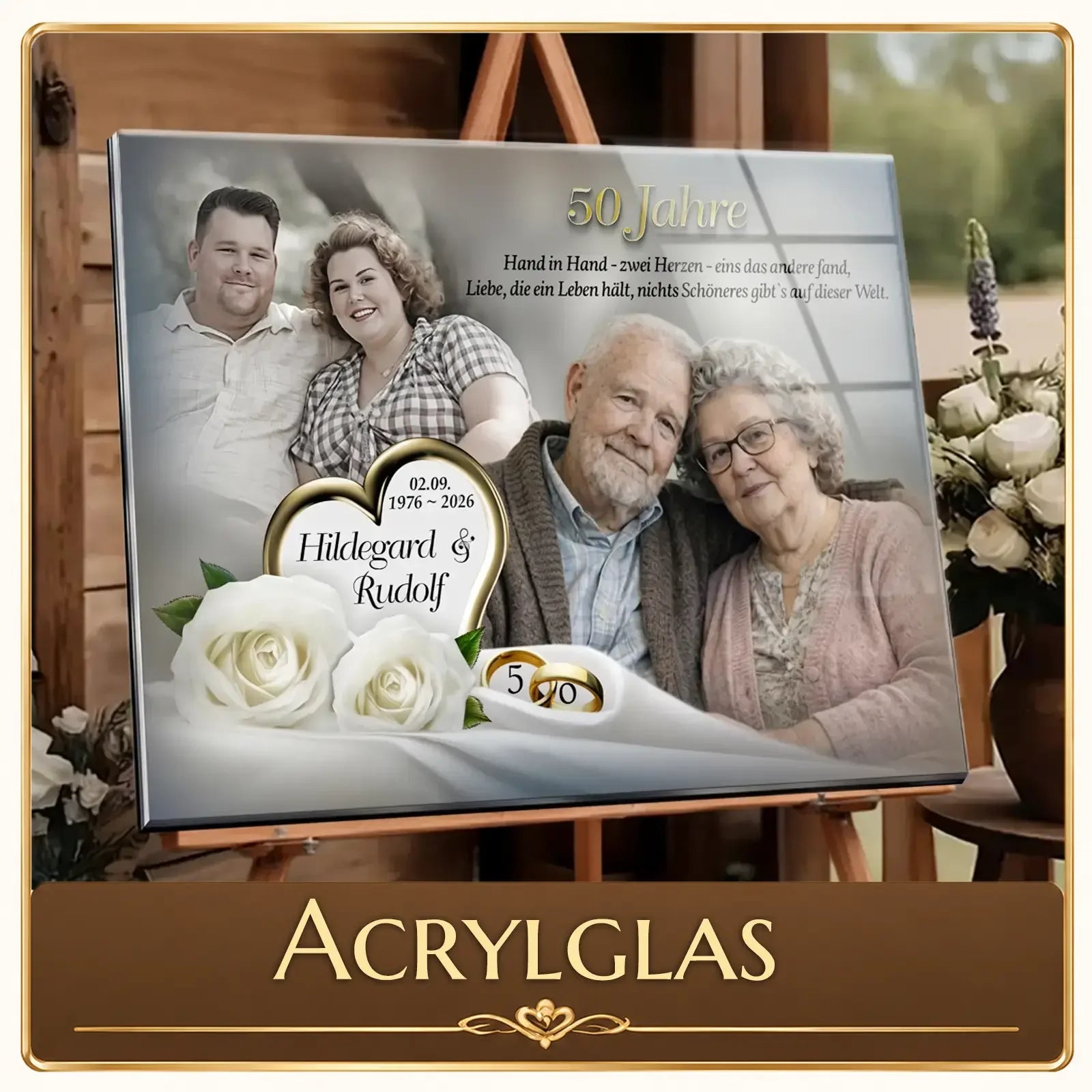 Persönliches Acrylglas zur Goldenen Hochzeit mit Paarfoto, Rosen & Namen – 50 Jahre Liebe