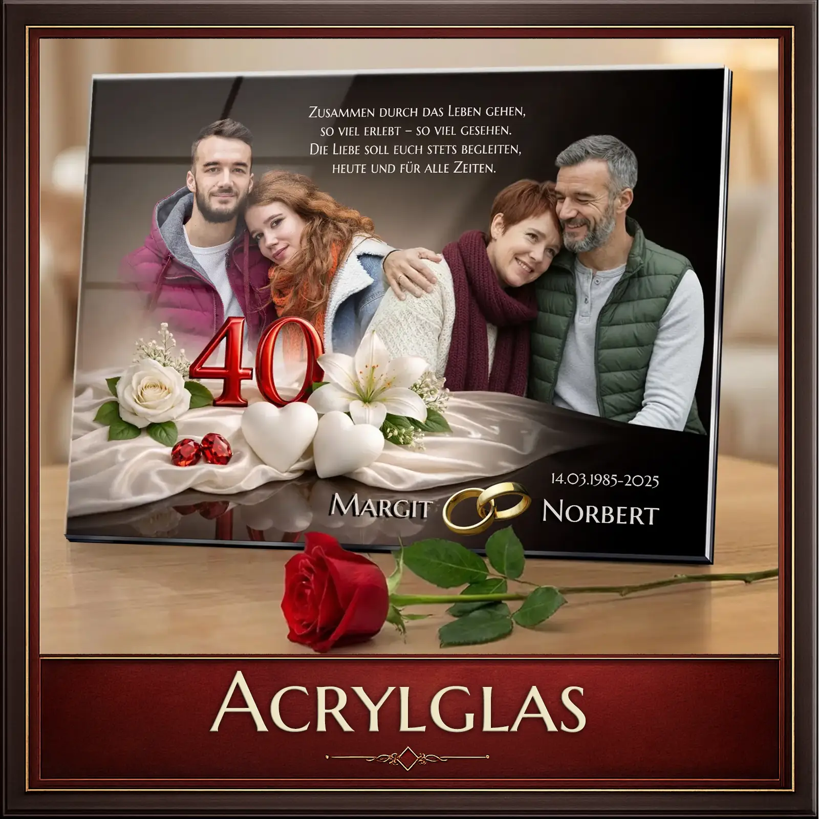 Persönliches Acrylglas mit Familienfoto zum 40. Hochzeitstag, Namen Margit & Norbert, Rosen und Herzen