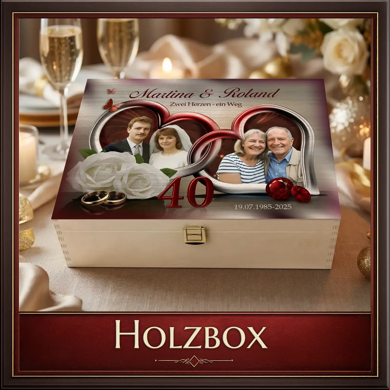 Personalisierte Holzbox mit Hochzeitsfotos und 40-Jahre-Design für Martina & Roland