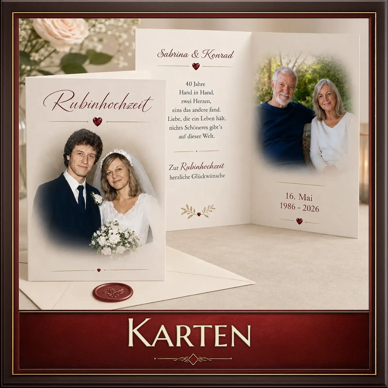 Rubinhochzeit Karte mit Hochzeitsfoto & aktuellem Paarbild, personalisiert für 40 Jahre Liebe