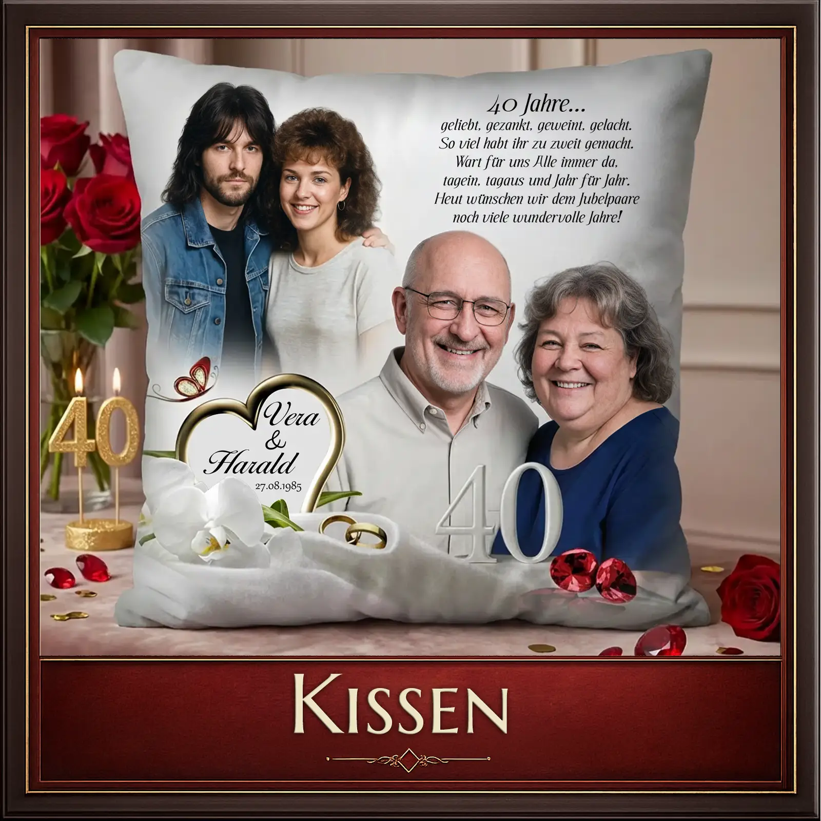 Personalisiertes Kissen zum 40. Hochzeitstag mit Fotos und Widmung für Vera & Harald