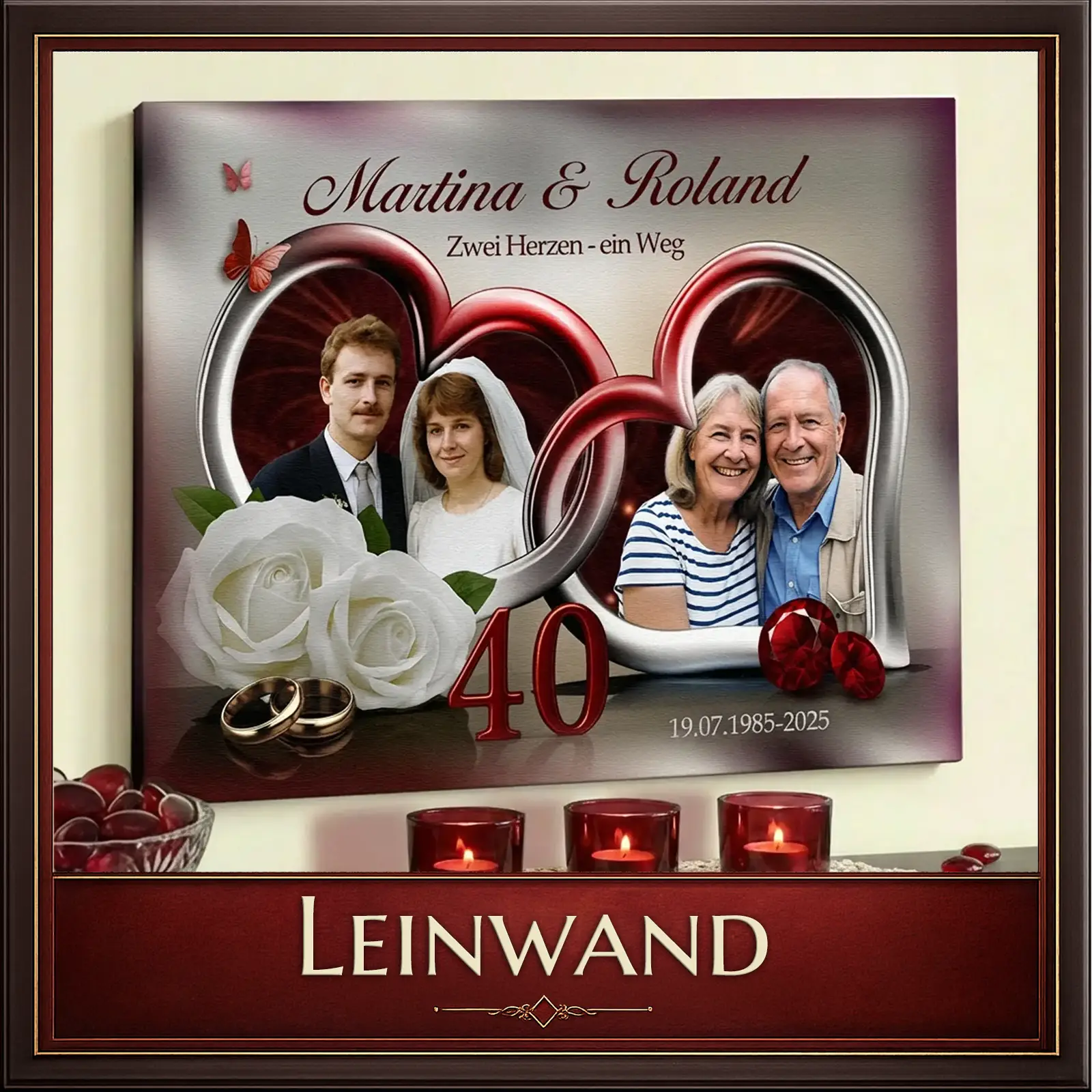 Leinwand mit Hochzeitsfotos zum 40. Jubiläum, personalisiert mit Namen, Datum und Herzen – einzigartiges Fotogeschenk