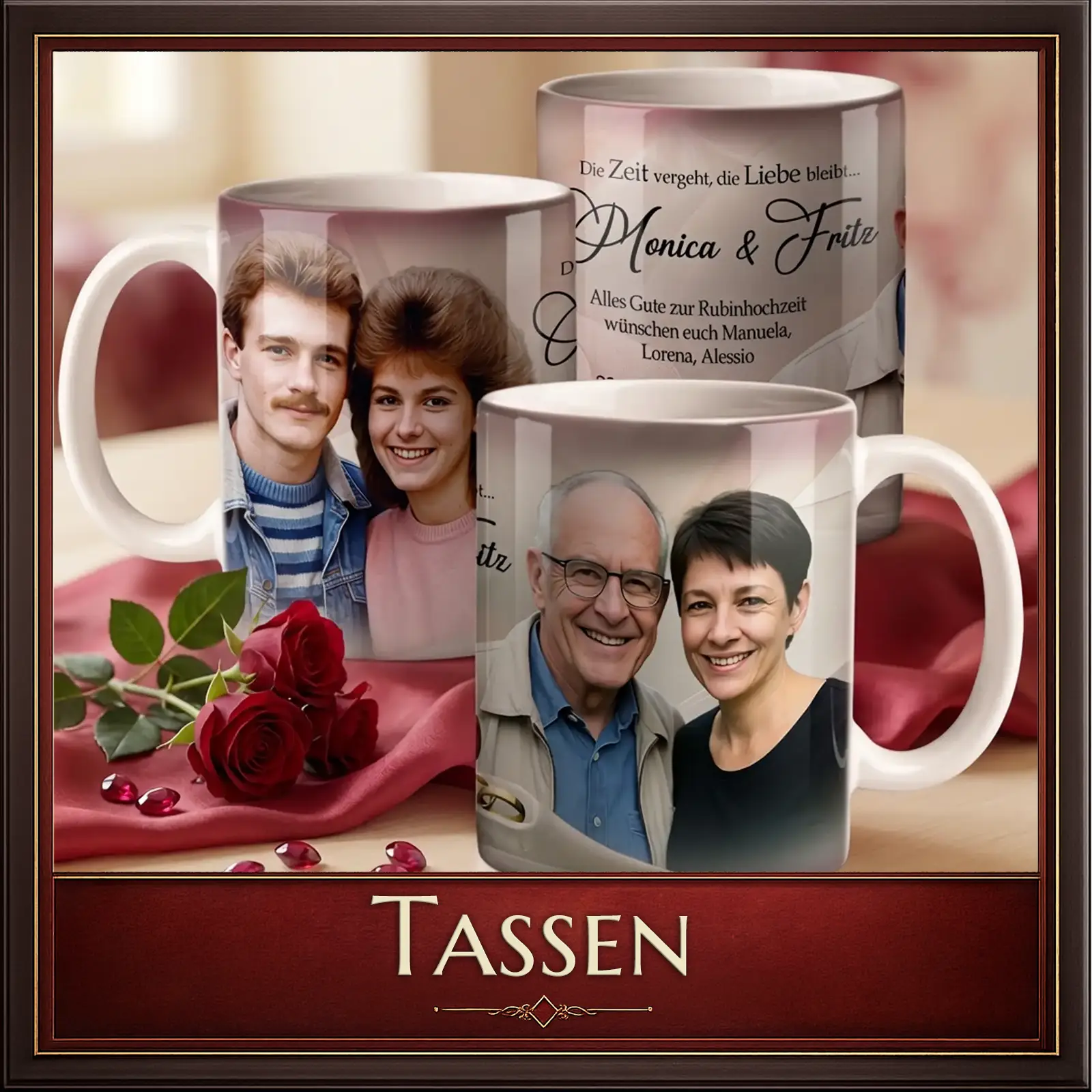 Personalisierte Foto-Tassen mit Paarbildern und Liebeszitat, ideal als Geschenk zur Rubinhochzeit