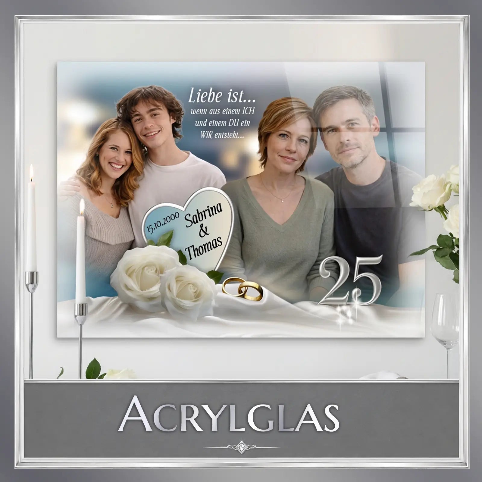 Personalisiertes Acrylglas mit Hochzeitsfoto, Namen Sabrina & Thomas, 25 Jahre Ehe und weißen Rosen