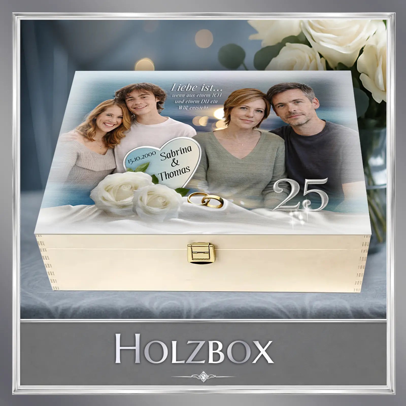 Persönliche Holzbox mit Foto, Namen Sabrina & Thomas, Hochzeitstag 15.10.2000 und 25-Jahre-Jubiläum
