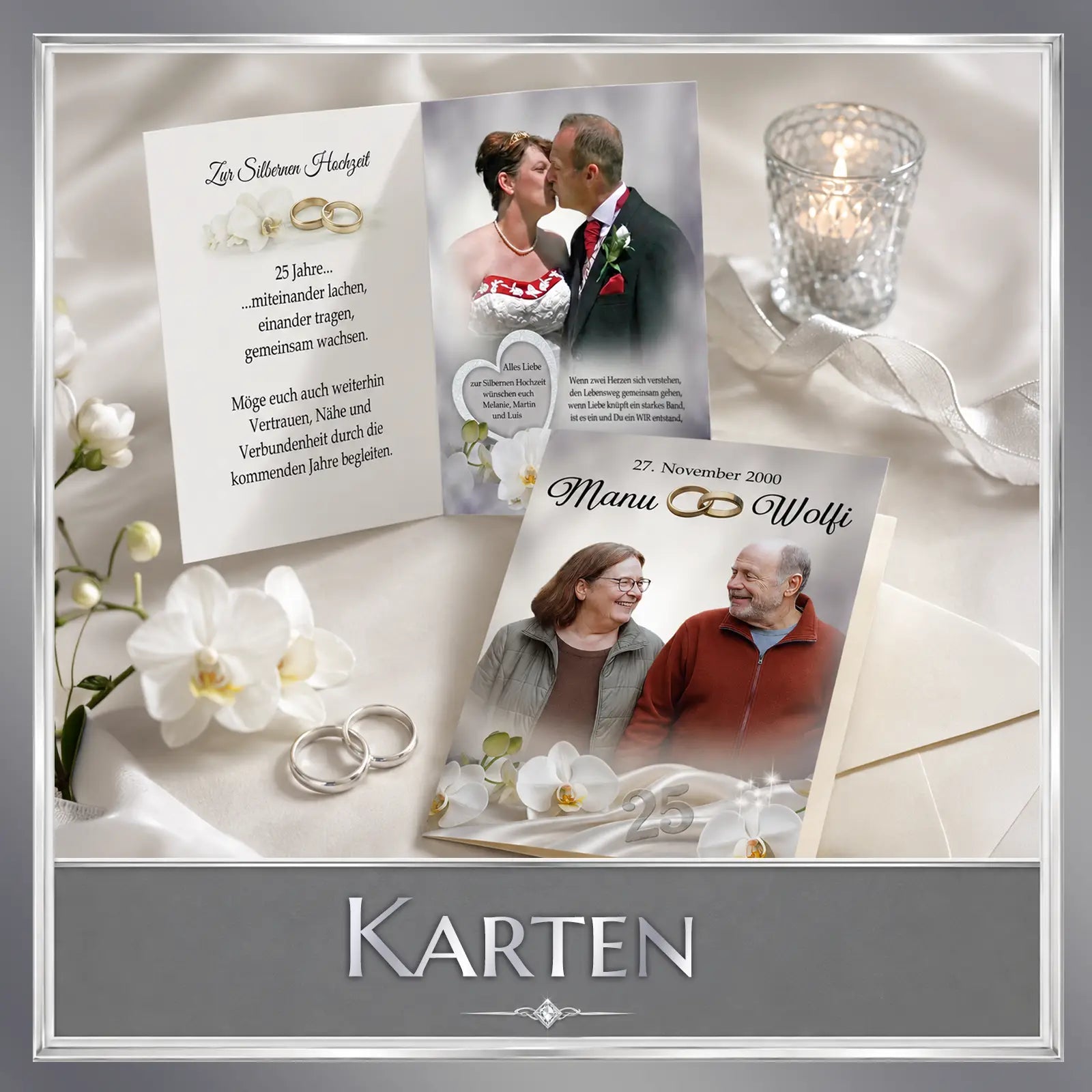 Persönliche Silberhochzeit-Karten mit Fotos, Orchideen & Ringen – individuelle Fotogeschenke zum 25. Hochzeitstag