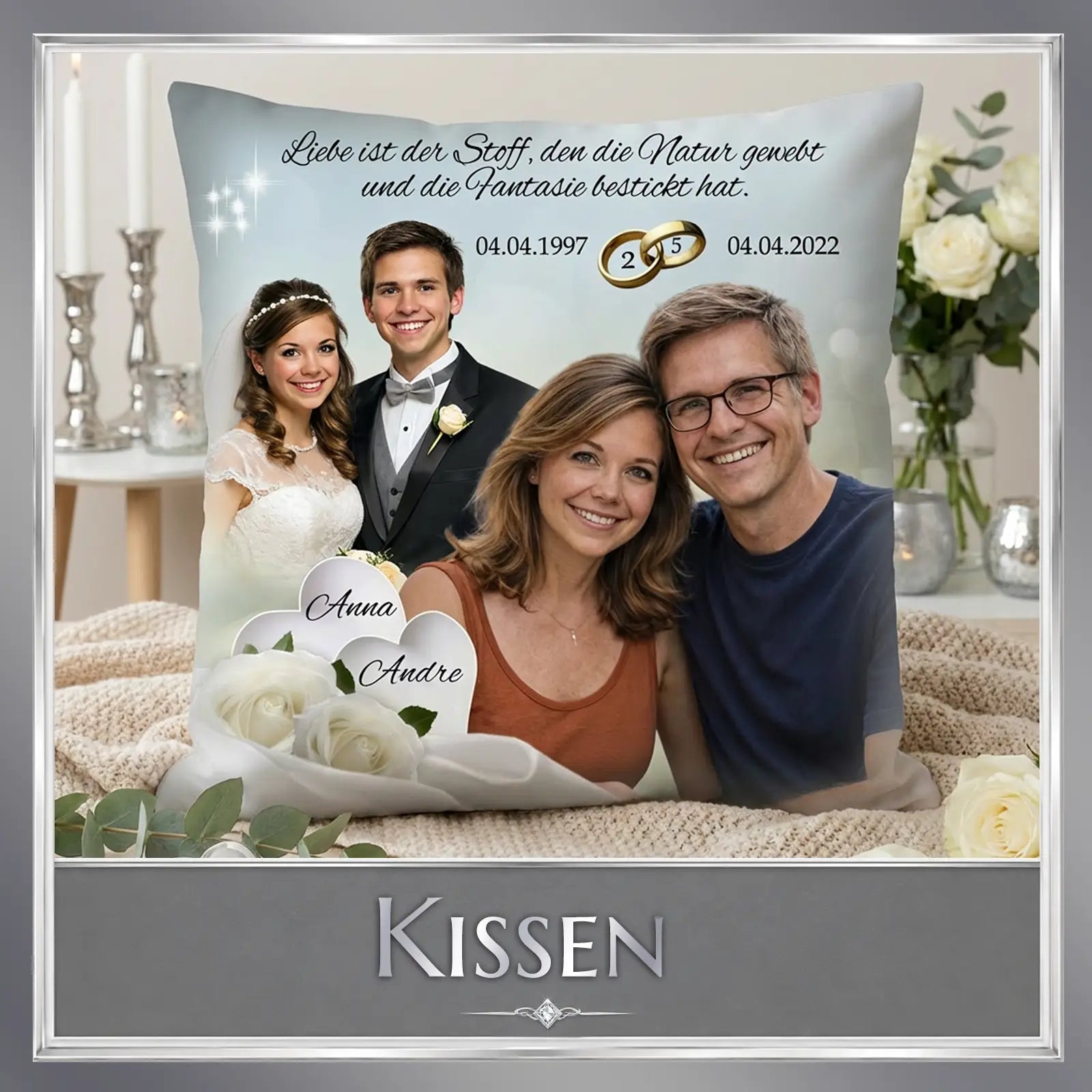 Personalisiertes Kissen mit Hochzeitsfoto, Namen Anna & Andre, 25 Jahre Ehe & Zitat – ideal als Fotogeschenk