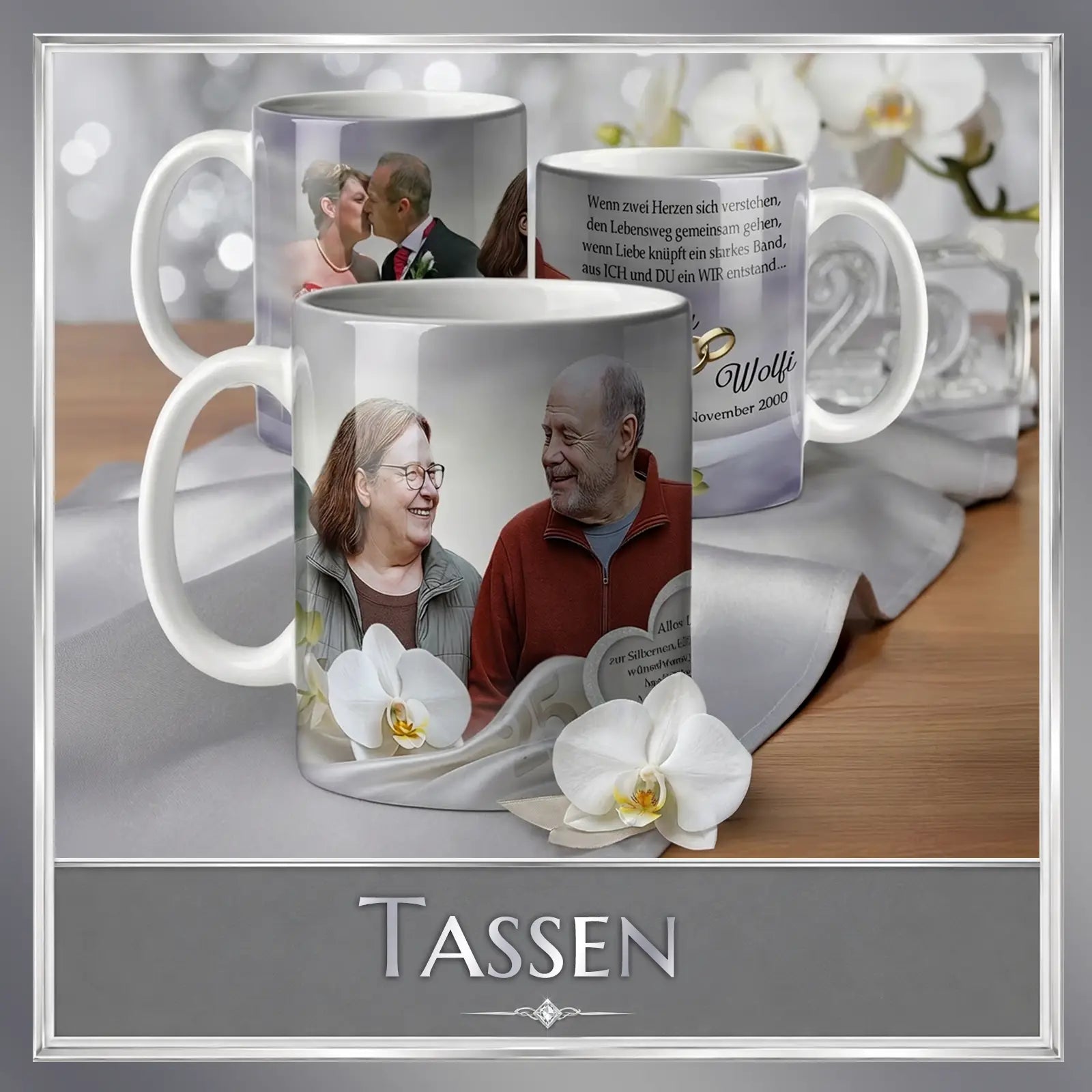 Persönliche Foto-Tasse mit Paarbild und Liebeszitat, ideal als Geschenk zur Silberhochzeit mit Orchideen-Dekor