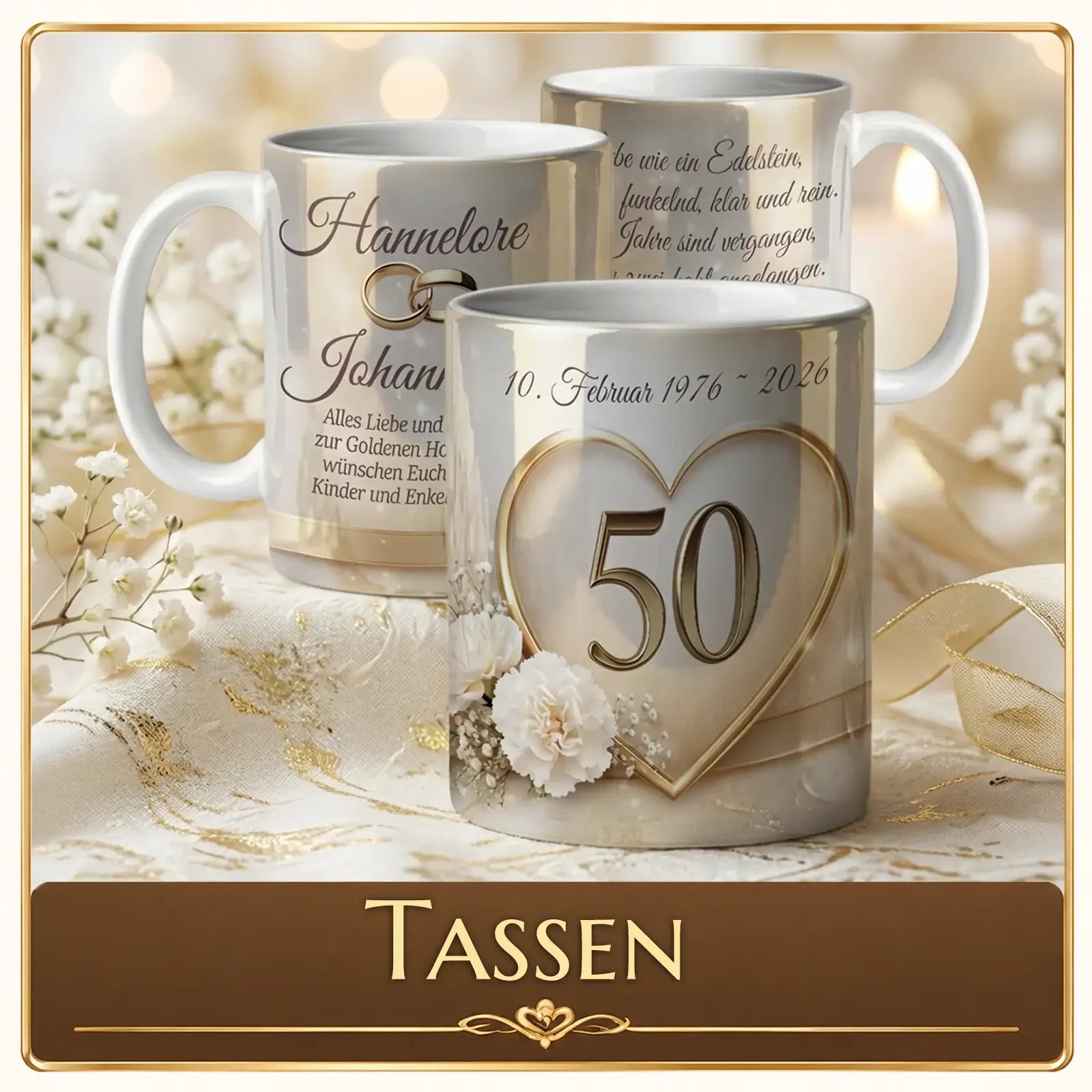 Personalisierte Tassen zur Goldenen Hochzeit mit Namen, Datum und Herz-Motiv 50 Jahre