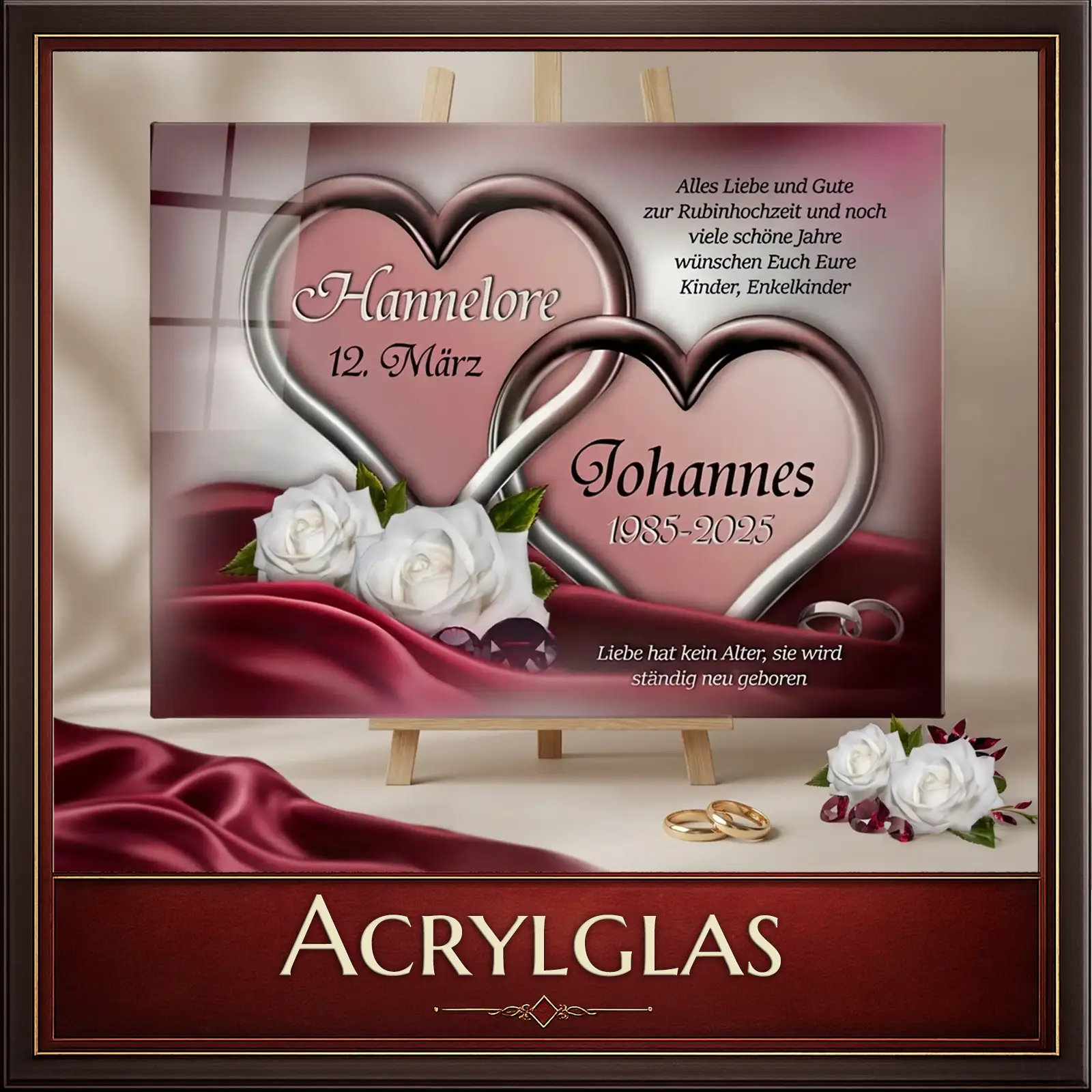 Persönliches Acrylglas mit Herzen, Namen & Datum für Rubinhochzeit – Fotogeschenk mit Liebe gestaltet