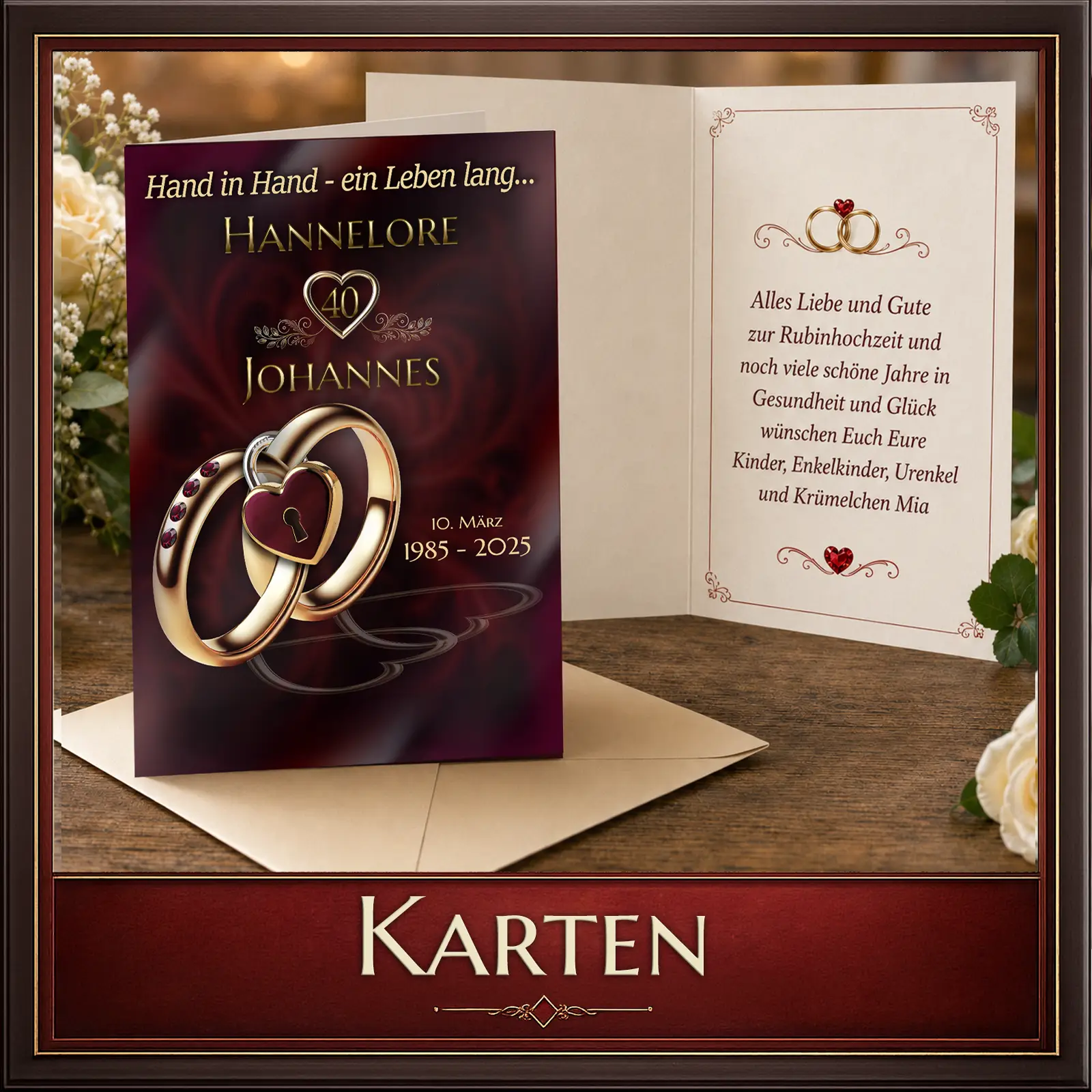 Rubinhochzeit Karte mit Ringen und Herz für Hannelore & Johannes – 40 Jahre Liebe