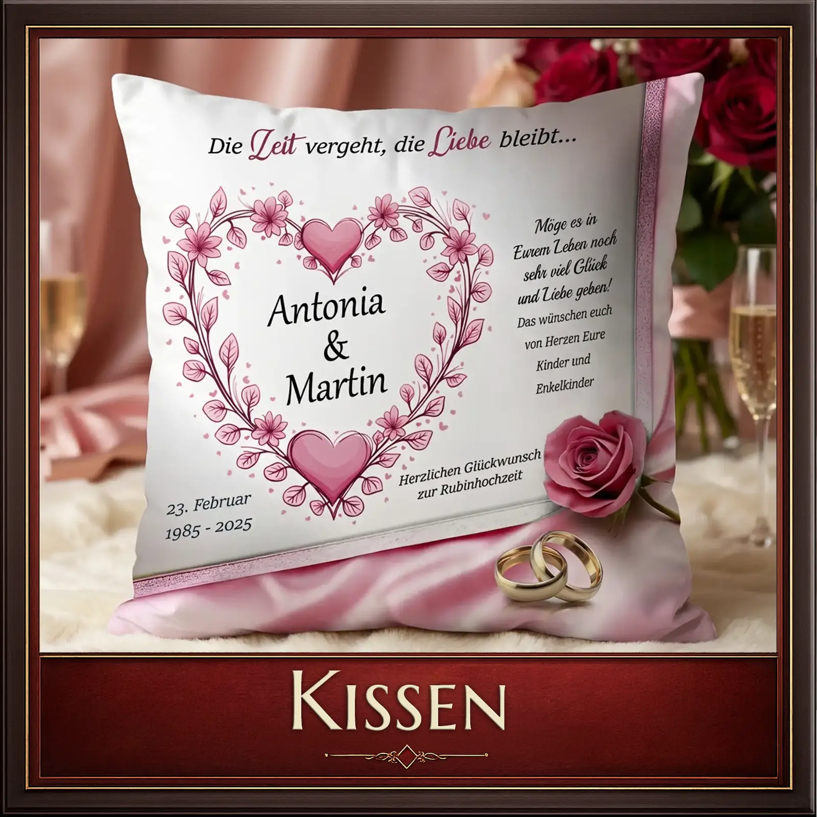 Persönliches Kissen mit Herz-Design, Namen Antonia & Martin, Rubinhochzeit 1985-2025, ideal als Fotogeschenk mit Liebe