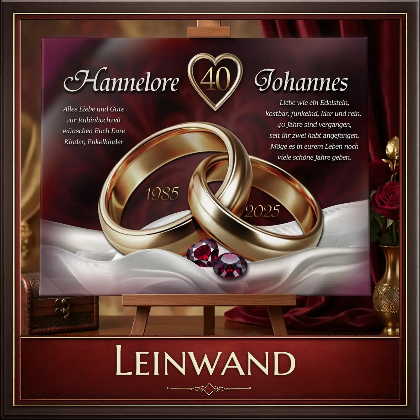 Leinwand mit goldenen Eheringen, Rubinen und Herz für 40. Hochzeitstag – personalisiertes Fotogeschenk
