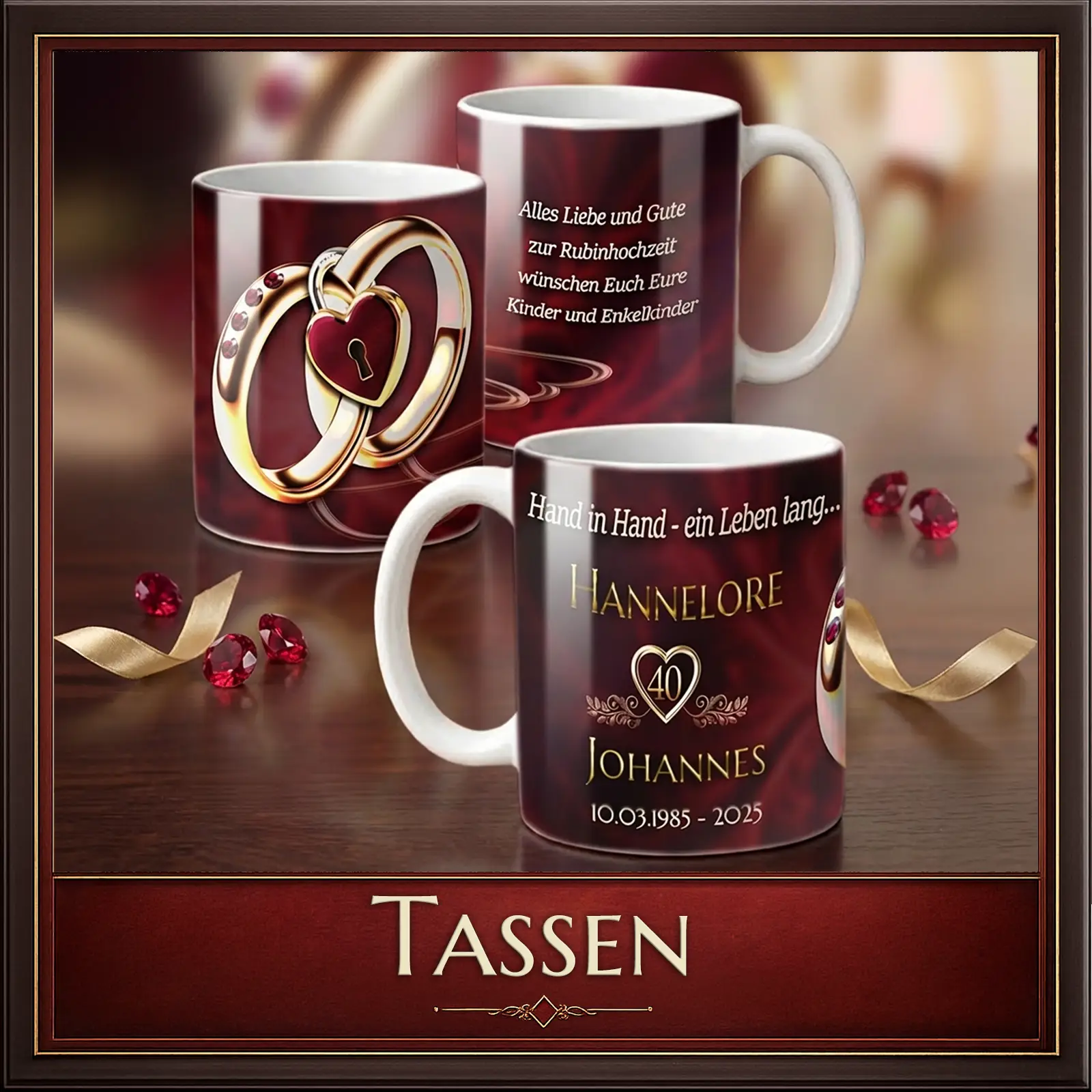 Personalisierte Tassen zur Rubinhochzeit mit Namen, Herz und Ringen – perfekte Fotogeschenke mit Herz