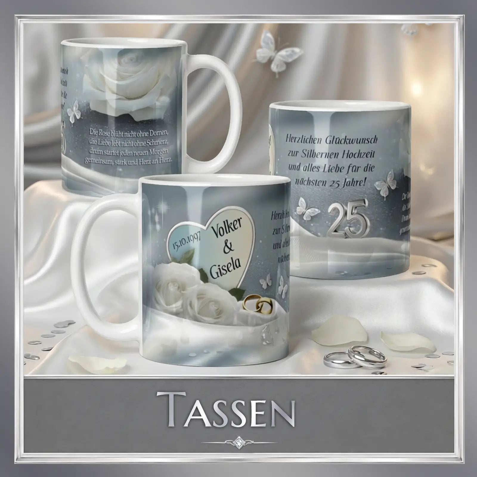 Persönliche Tassen zur Silberhochzeit mit Namen, Datum und weißen Rosen – individuelle Fotogeschenke mit Herz