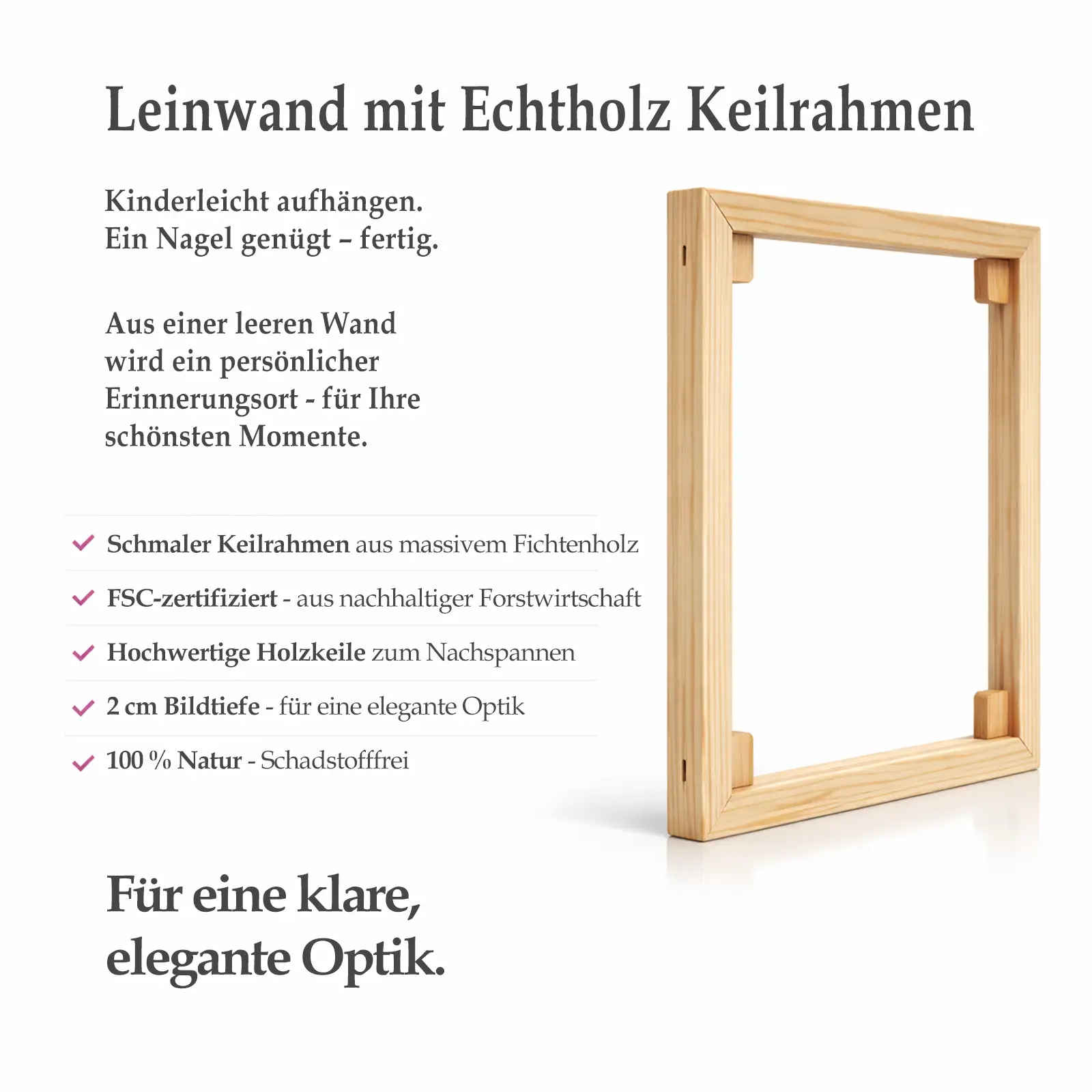 Beschreibung mit Bild: Schmaler Keilrahmen aus hellem Fichtenholz mit Eckverbindungen und Holzkeilen, freigestellt auf hellem Hintergrund