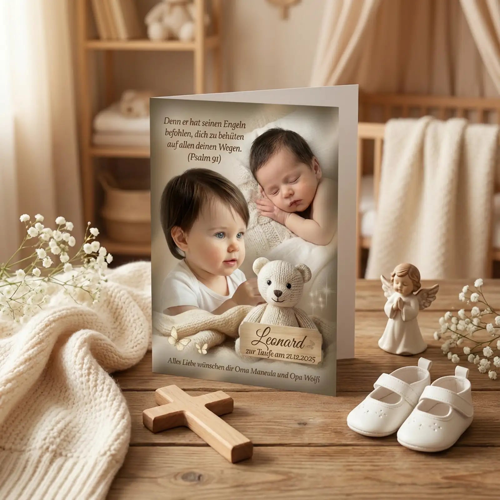 Personalisierte Baby-Geburtskarte mit Foto – warmes beiges Design mit Name Maneula, Geburtsdaten und braunem Umschlag, präsentiert auf hellem Holztisch