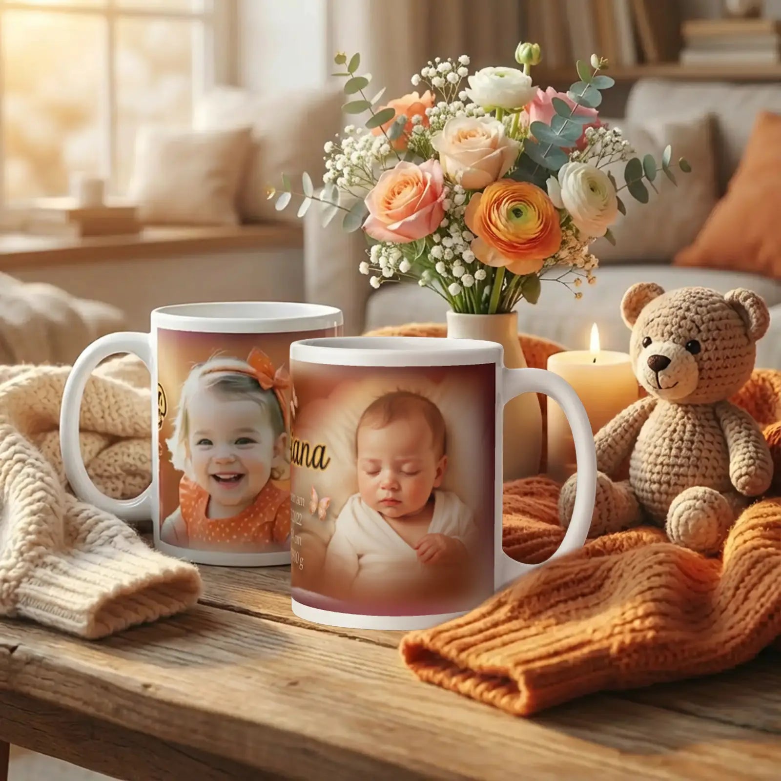 Personalisierte Fototassen für Babys – Geschenk zur Geburt oder Taufe, warm und liebevoll inszeniert mit Kuschelbär, Blumenstrauß und gemütlicher Wohnzimmerdeko