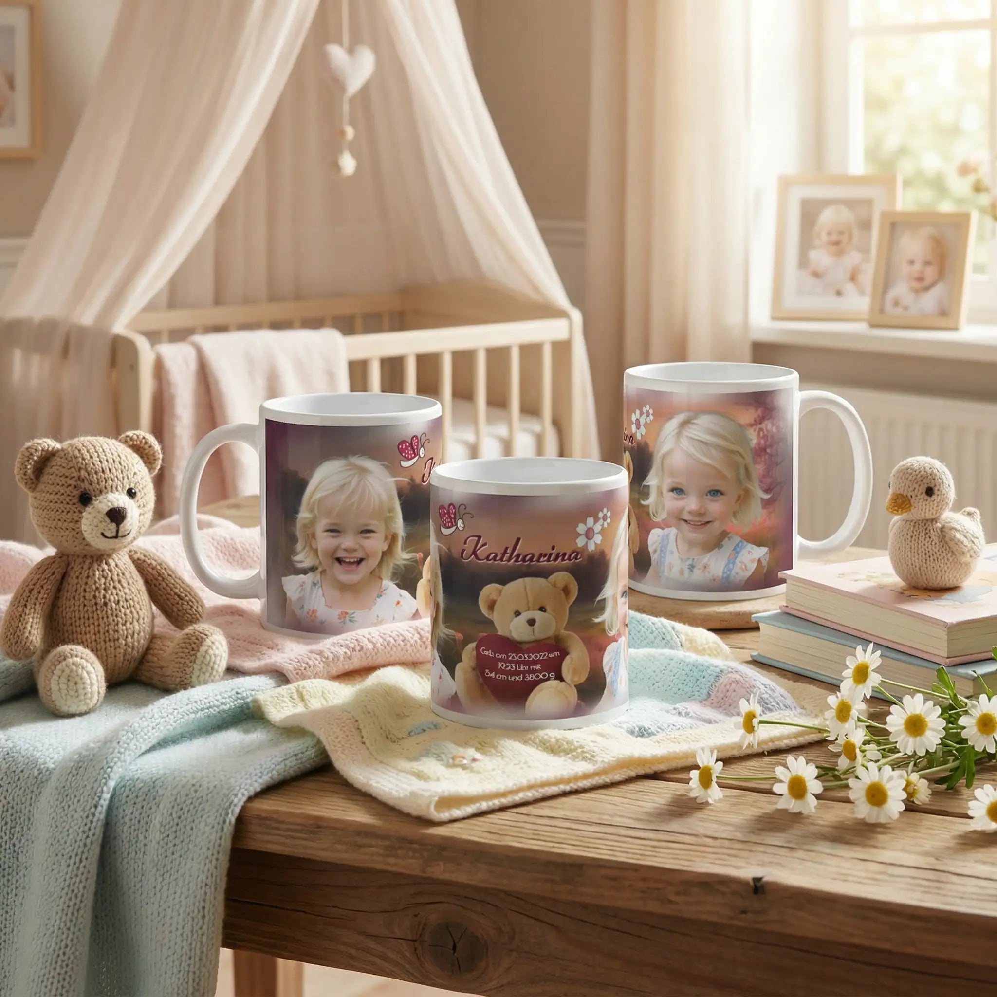 Personalisierte Fototassen für Kinder mit Namen und Geburtsdaten – verspieltes Babyzimmer mit Teddybären, Decken und Bildern als liebevolles Geschenk zur Geburt