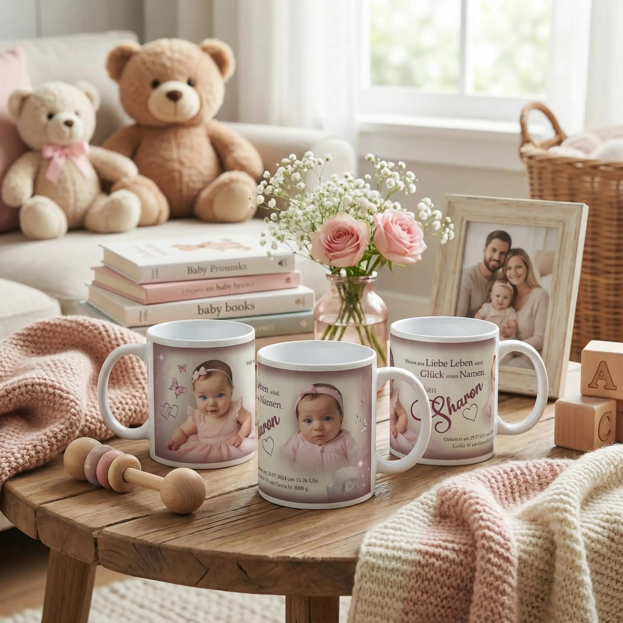 Personalisierte Baby Tasse Sharon – Geschenk zur Geburt mit Foto & Name – Rosa Design – Mockup mit Teddybären, Babysachen & Blumen im Kinderzimmer
