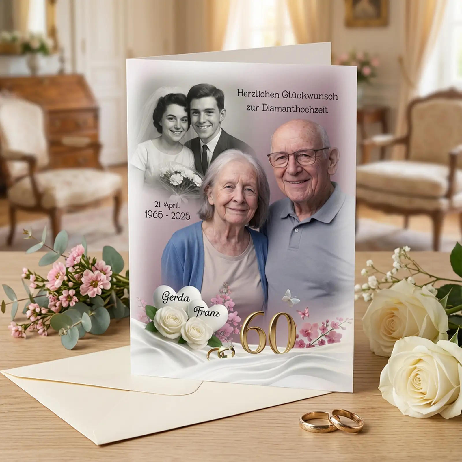 Personalisiert gestaltete Diamanthochzeit-Grußkarte mit alten und aktuellen Paarfotos von Gerda und Franz, 60 Jahre Ehe, elegante Rosen-Dekoration und goldener Jubiläumszahl im romantischen Raumsetting