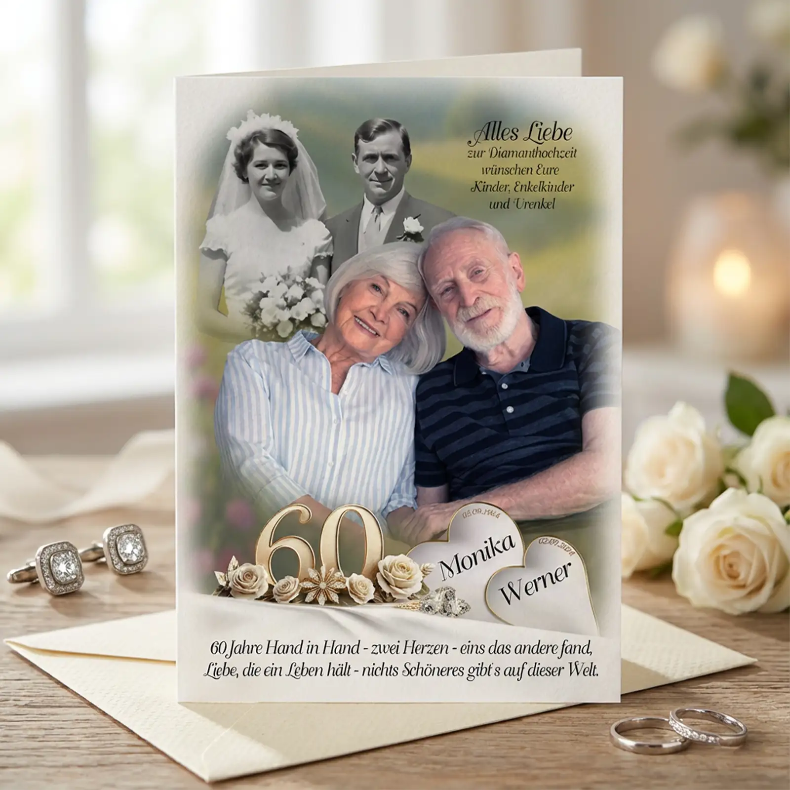 Personalisiert gestaltete Diamant­hochzeit Grußkarte mit alten und aktuellen Fotos des Jubelpaares Monika und Werner, vergoldeter 60 und weißen Rosen auf Holzuntergrund