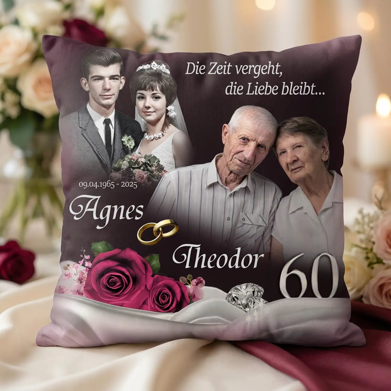 Fotokissen zur Diamanthochzeit. Mockup für 60jähriges Jubiläum mit roten Rosen und Diamanten
