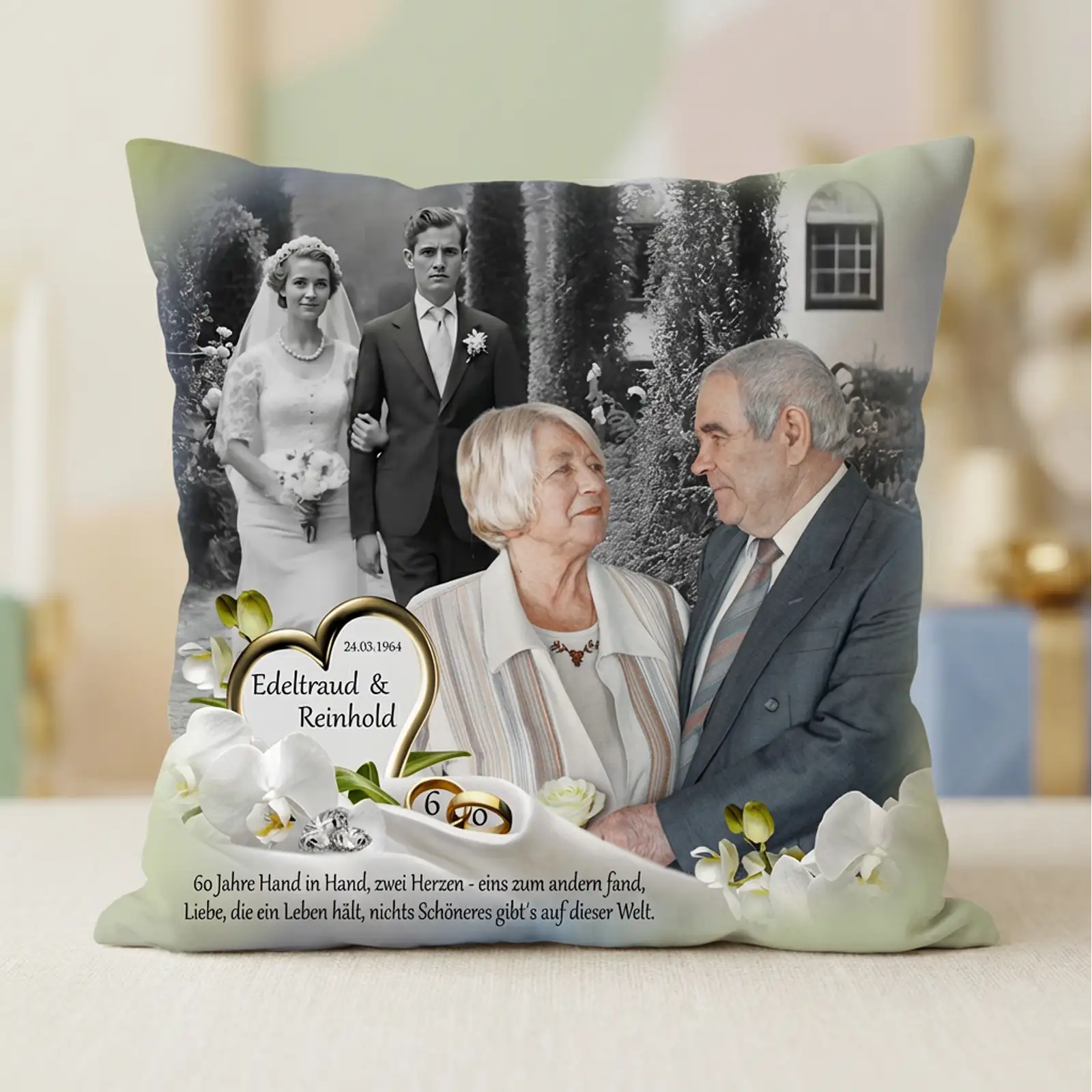 Personalisiertes Kissen zur Diamantenen Hochzeit mit Hochzeits- und aktuellem Paarfoto, Rosen, Ringen und Namen Dagmar und Norbert.