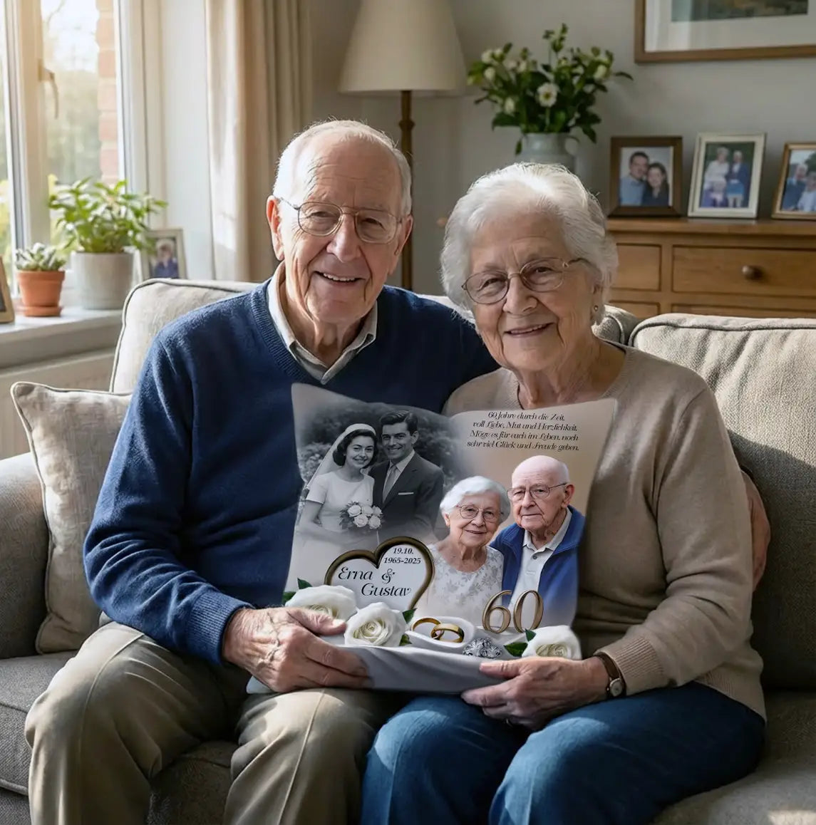 Mockup zur Diamanthochzeit- altes Ehepaar sitze auf der Couch und hält eine Fotokissen in den Händen