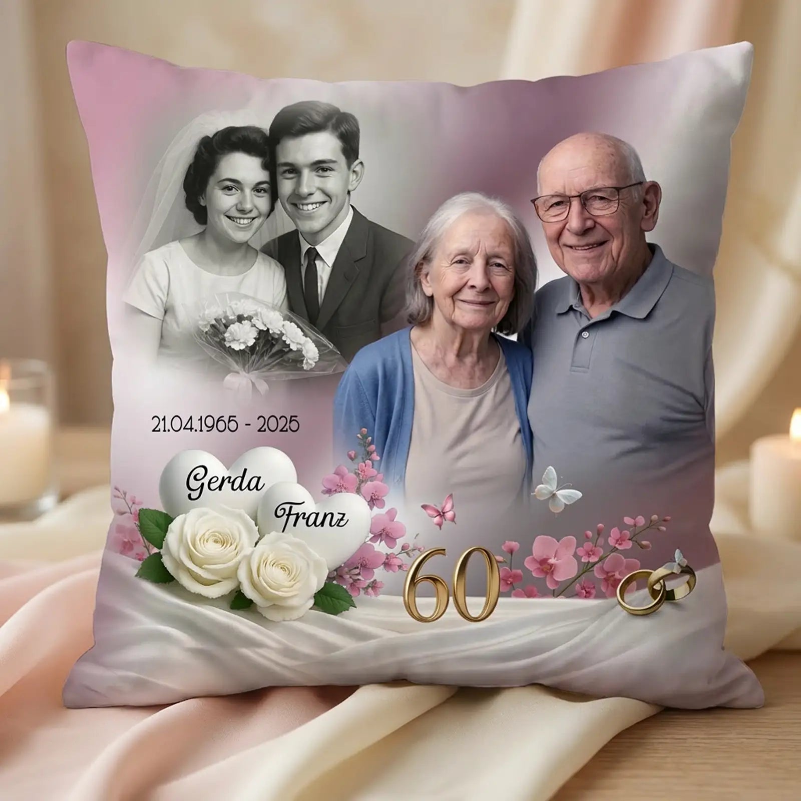 Personalisiertes Kissen zur Diamantenen Hochzeit mit Hochzeits- und aktuellem Paarfoto, Rosen, Ringen und Namen Dagmar und Norbert.