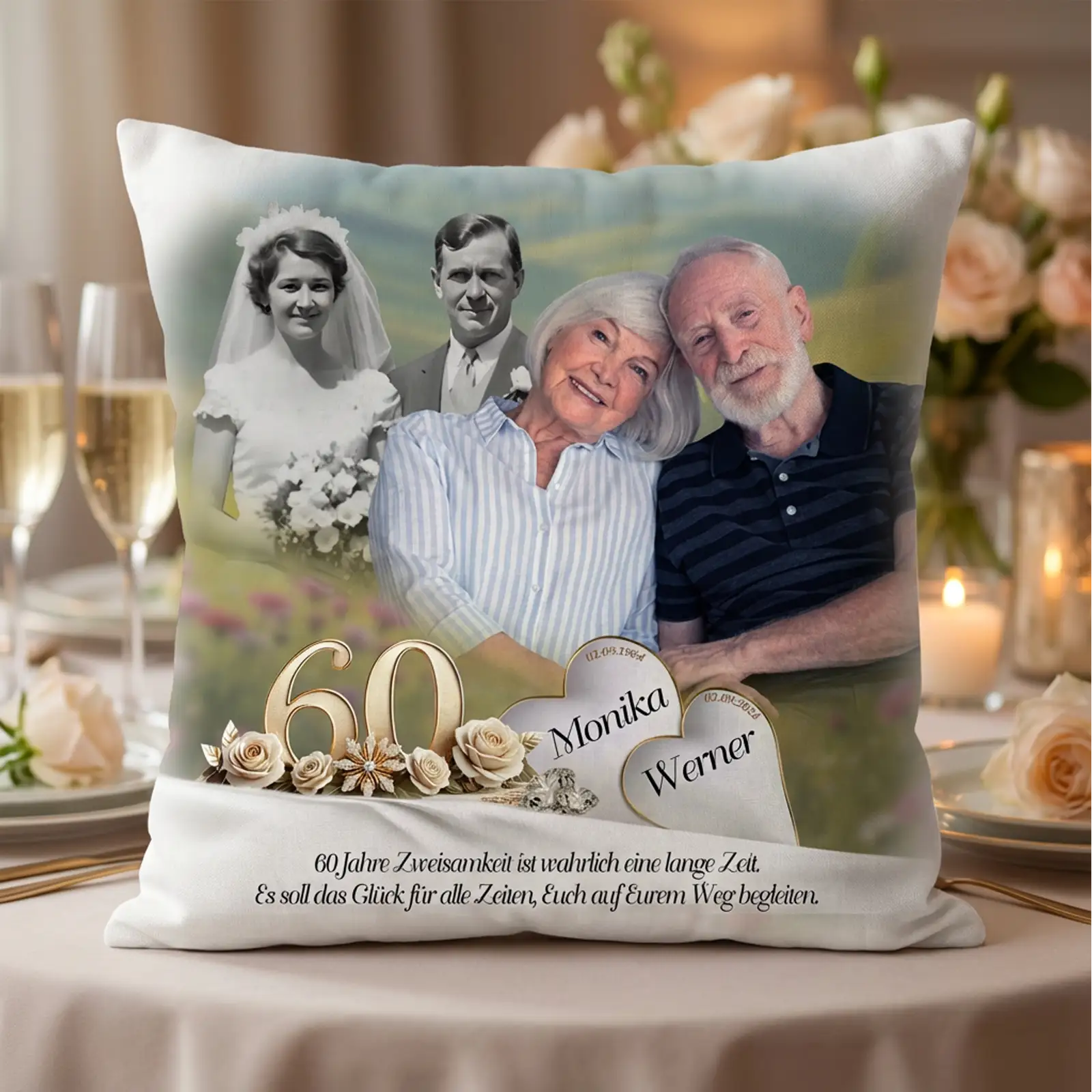 Personalisiertes Kissen zur Diamantenen Hochzeit mit Hochzeits- und aktuellem Paarfoto, Rosen, Ringen und Namen Dagmar und Norbert.