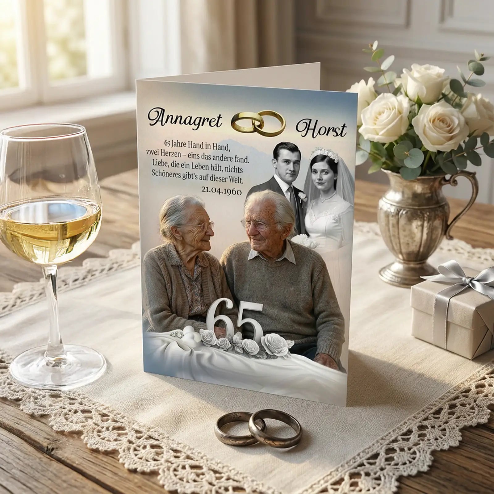 Personalisierte Glückwunschkarte zur Eisernen Hochzeit mit einem älteren Ehepaar im Vordergrund und einem historischen Hochzeitsfoto im Hintergrund, Namen Annagret und Horst, Hochzeitsdatum 21.04.1960, Zahl 65 mit goldenen Eheringen, romantischer Hochzeitsspruch, weiße Rosen, Weinglas, Geschenkbox und Eheringe auf einer festlich gedeckten Tischszene in warmem, eleganten Stil.