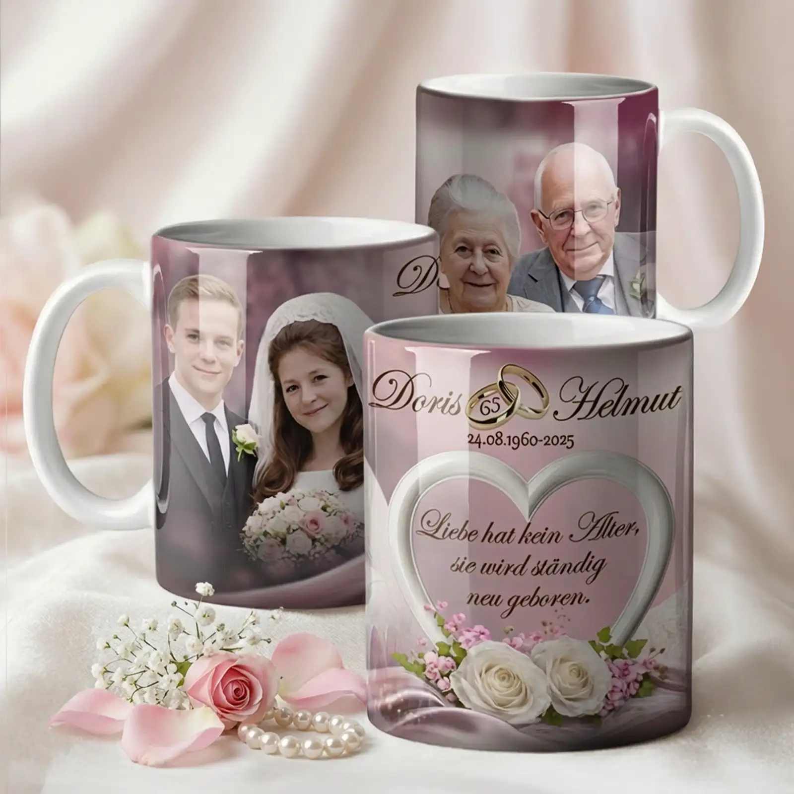 Personalisierte Tassen zur Eisernen Hochzeit mit Hochzeitsfoto von damals und Porträt des Jubiläumspaares, Namen und Datum als liebevolles Erinnerungsstück