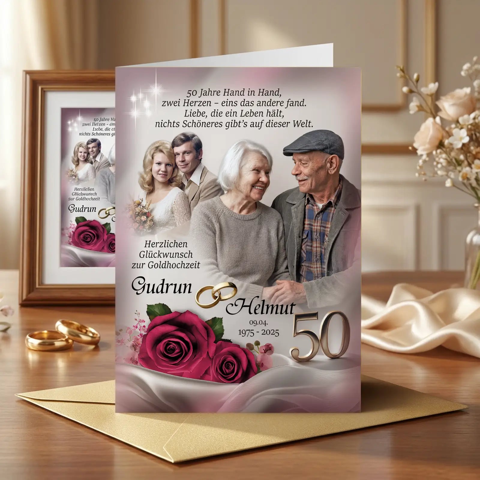 Personalisierte Goldene Hochzeit Karte in Creme mit rosafarbenen Rosen, zwei Paarfotos jung und heute, Namen Gudrun & Helmut, Datum und goldener 50 – plus passendes Wandbild als zweites Geschenk