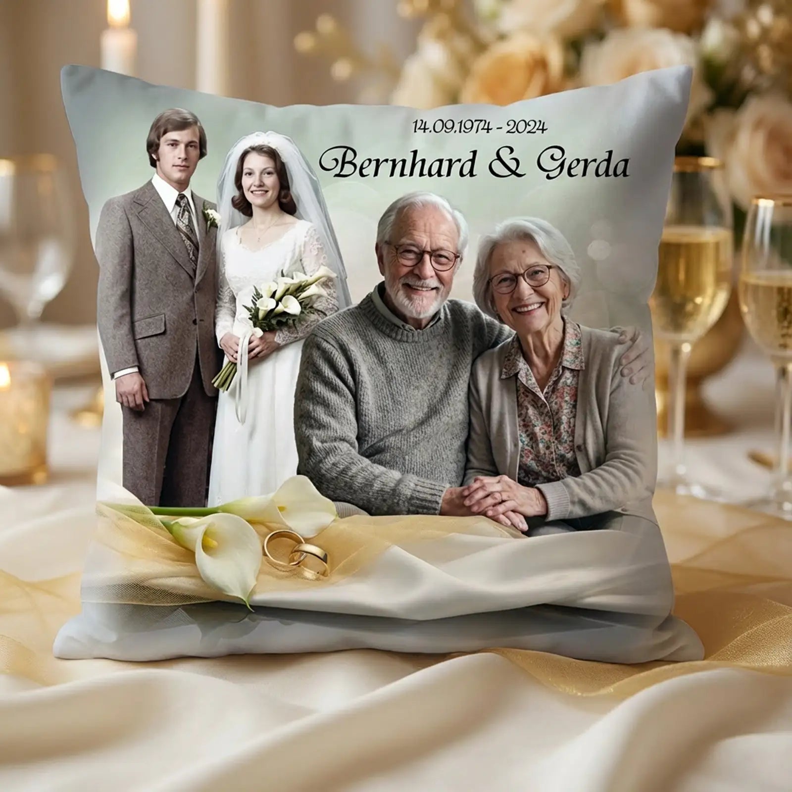 Kissen zur Goldenen Hochzeit mit altem Hochzeitsfoto und aktuellem Paarbild