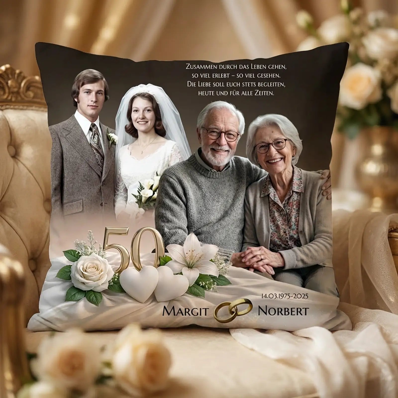 Goldhochzeit Kissen mit romantischem Spruch und personalisierten Bildern