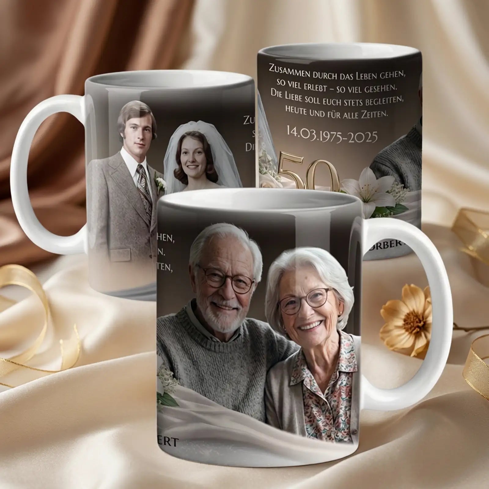 Personalisierte Tasse Goldene Hochzeit mit Fotos damals und heute – Jubiläumsgeschenk 50 Jahre