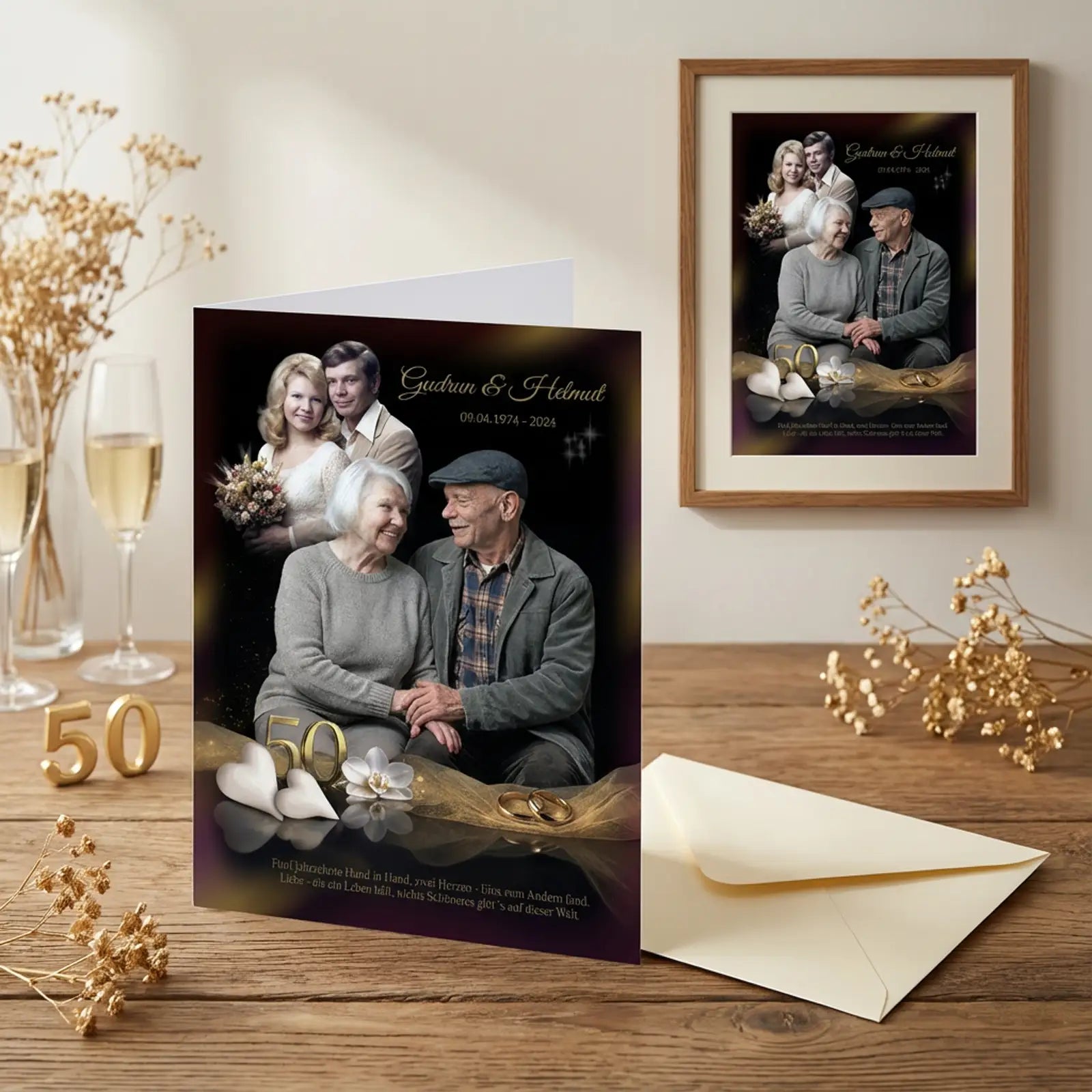 Goldene Hochzeit Karte mit zwei Fotos – elegantes Design in Schwarz und Gold, inklusive passendem Wandbild, sodass aus einem Geschenk zwei werden