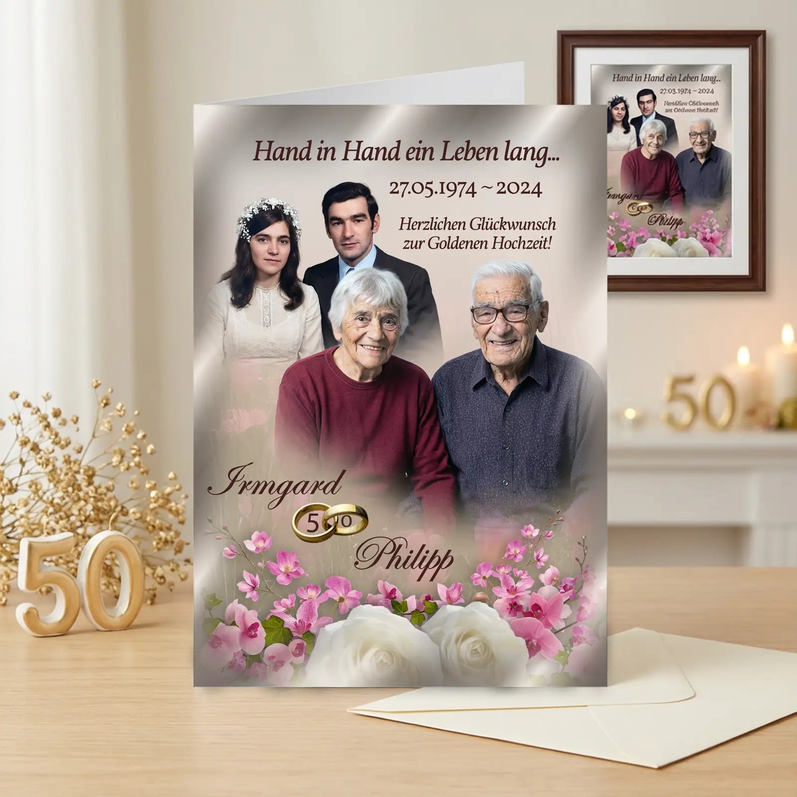 Personalisierte Goldene Hochzeit Karte in Creme mit pinken Blumen, zwei Paarfotos jung und heute, Namen Irmgard & Philipp, Datum 1974–2024 und goldener 50 – inklusive passendem Wandbild als zweites Geschenk