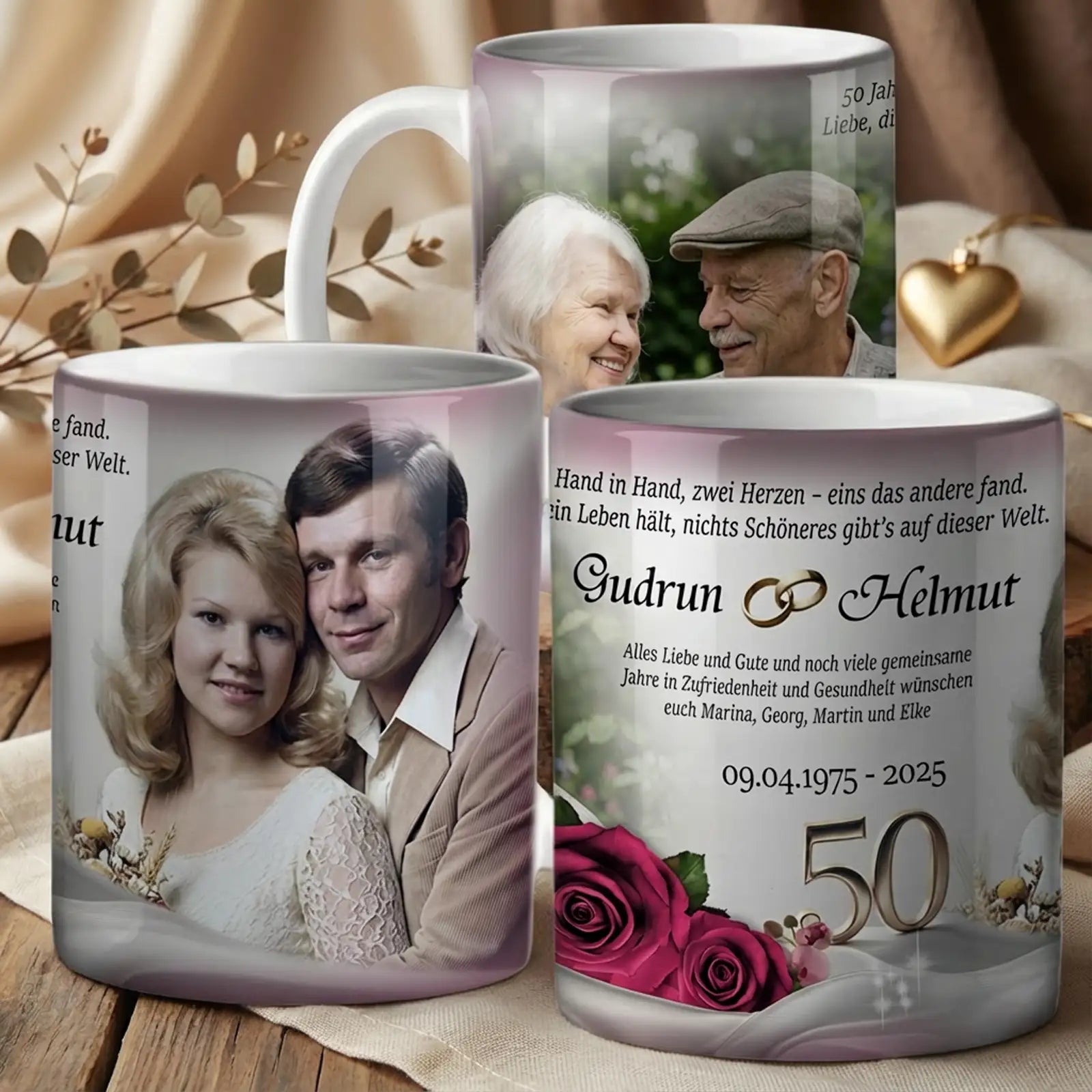 Tasse mit Fotos für 50. Hochzeitstag – personalisiert mit Ehepaar und Datum