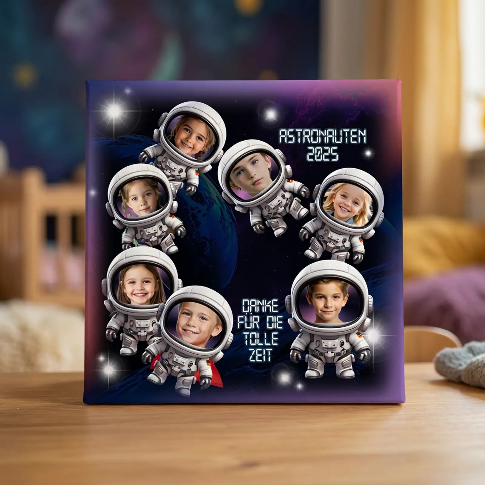 Dunkle Weltraum-Themenleinwand mit Sternen und Kinderfotos als Abschlussgeschenk für Kindergarten