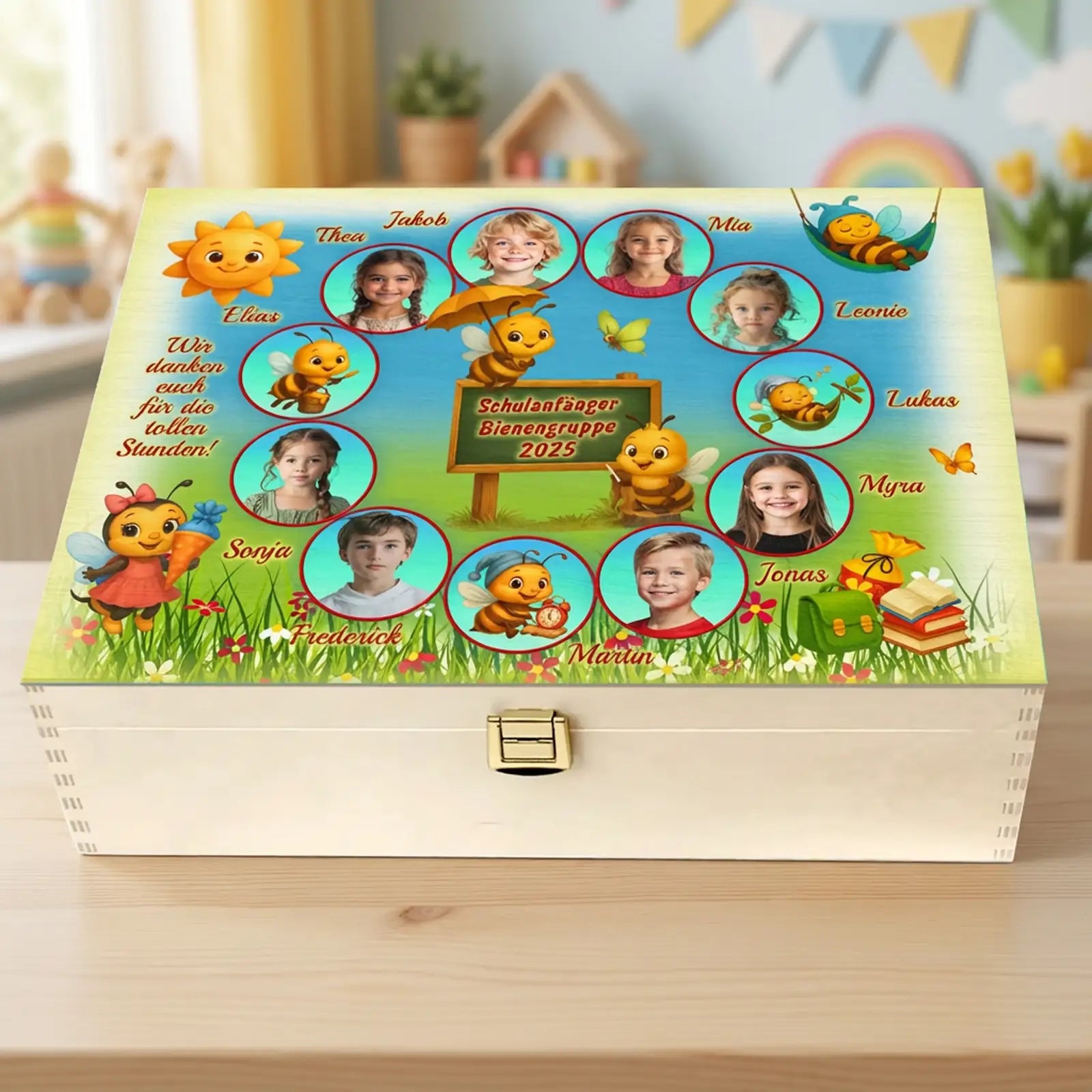 Personalisierte Fotogeschenk Box zum Kindergarten Abschied mit Kinderfotos, Bienen und Schulanfang 2025 Design