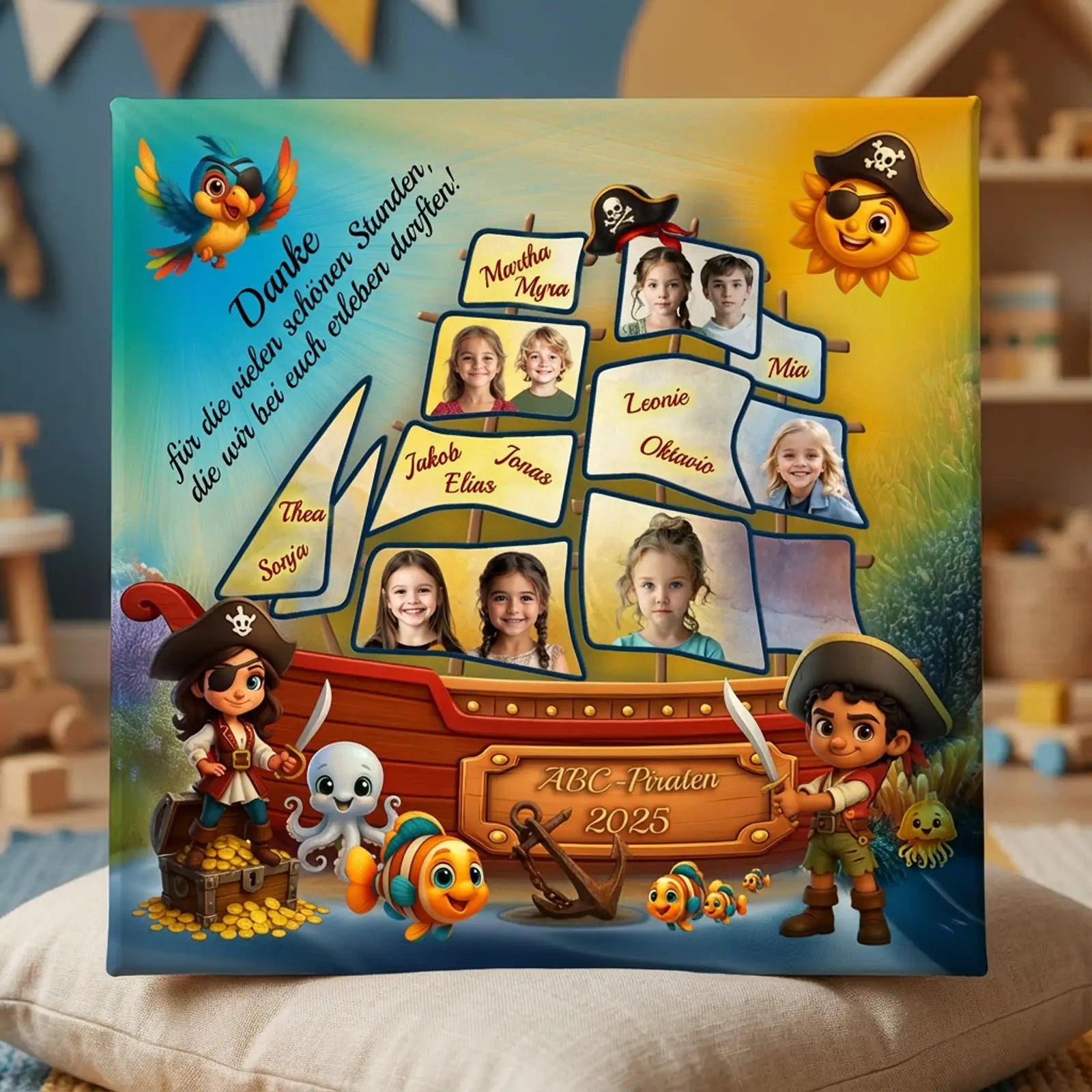 Personalisierte Piraten-Leinwand mit Schiff und Kinderfotos als Abschiedsgeschenk für Kindergarten 2025