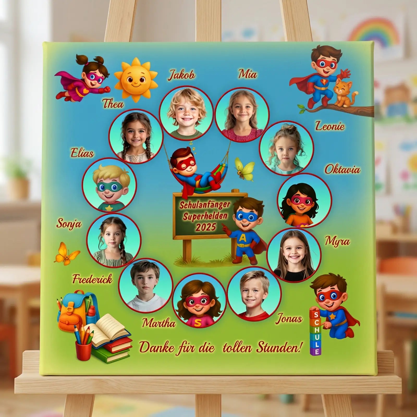 Bunte Leinwand mit fröhlichen Kinderillustrationen und Gruppenfotos als Dankeschön an Pädagoginnen