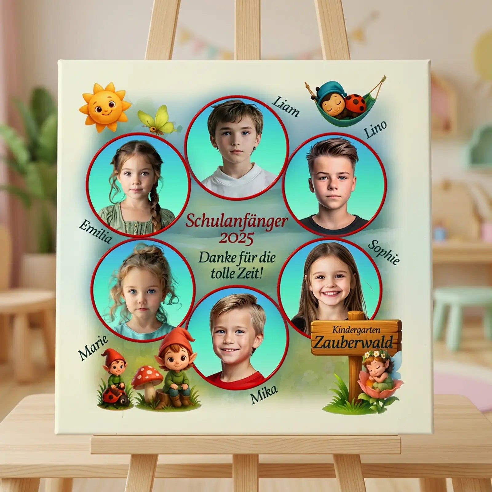 Kreative Abschiedscollage in Pastellfarben mit runden Kinderportraits für Kita-Gruppe